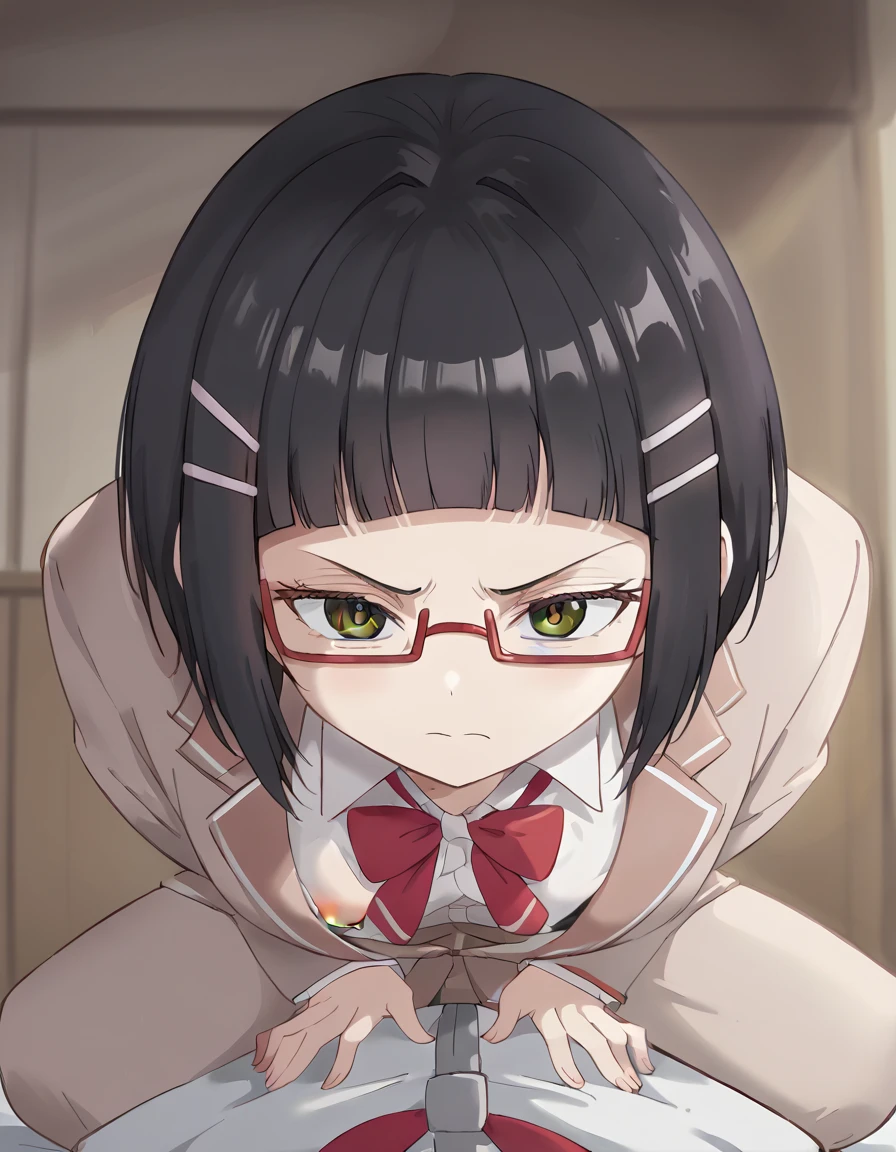 score_9,score_8_up,score_7_up,source_anime, sayaka taniyama, black eyes, black hair, short hair, bangs, blunt bangs, hair clip, glasses, red-framed eyewear,
shirt, bow, school uniform, jacket, white shirt, collared shirt, bowtie, red bow, blazer, good morning my brother, good morning my brother! (meme), good morning, extended downblouse, downblouse, hands on another's stomach, meme, straddling, leaning forward, throw, girl on top, nipples、nsfw、valley