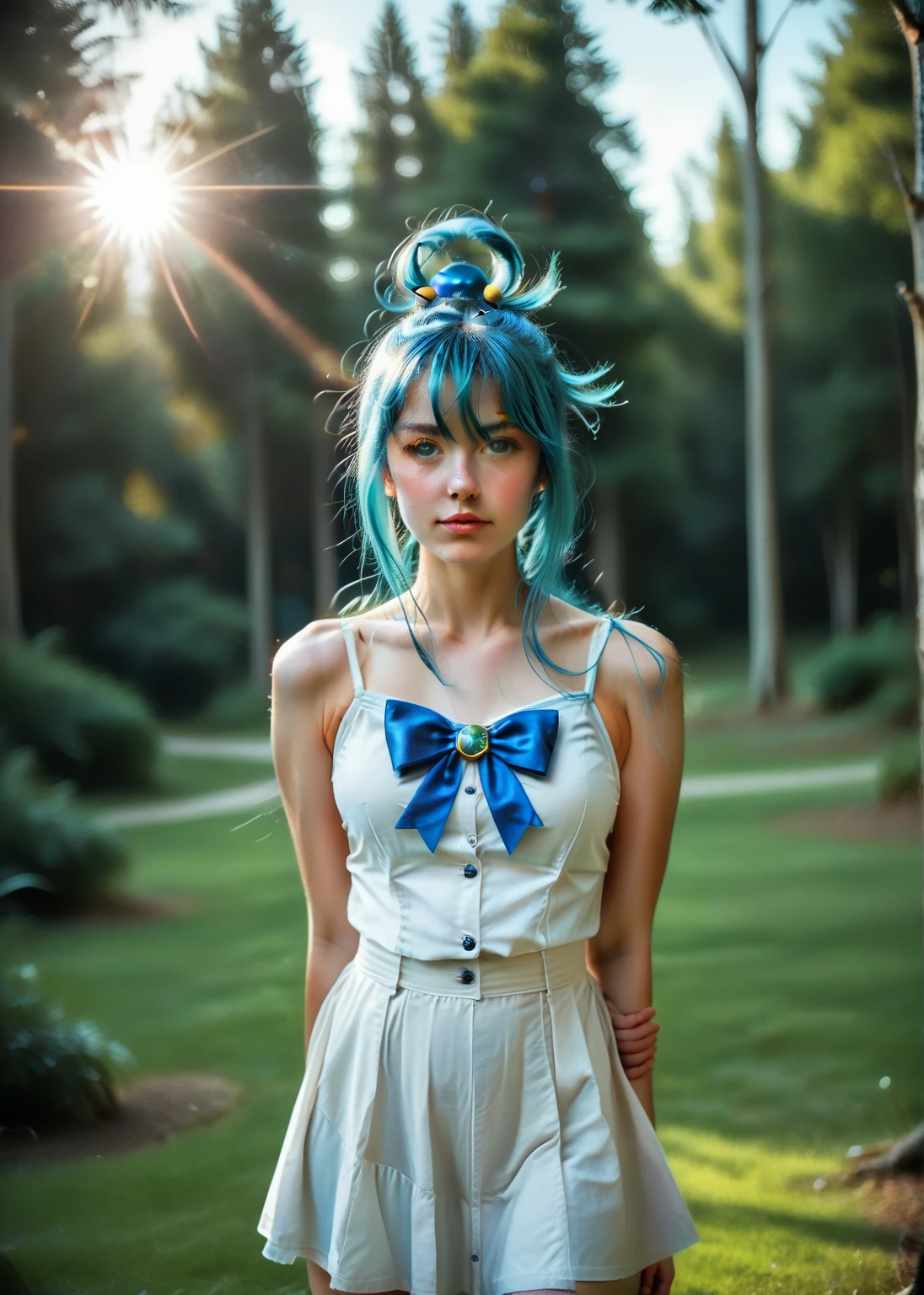 (masterpiece, best quality:1.4), (standing:1.5), 1girl, shiny skin, night sky, full moon, Menphina, blue eyes, blue hair, crown, aqua eyes, aqua hair, luxury dress, white blue dress, pale skin, glowing eyes, golden armor arm, aqua_eyes, aqua_hair, jewelry, white_dress, crown, one wing, accidental exposure panties, seat, white panties, beautiful face, (highly detailed face), highly detailed eyes, highly detailed skin, skin pores, subsurface scattering, realistic pupils, medium breast, full face blush, full lips, detailed background, depth of field, volumetric lighting, sharp focus, absurdres, realistic proportions, good anatomy, (realistic, hyperrealistic:1.4), 16k hdr,