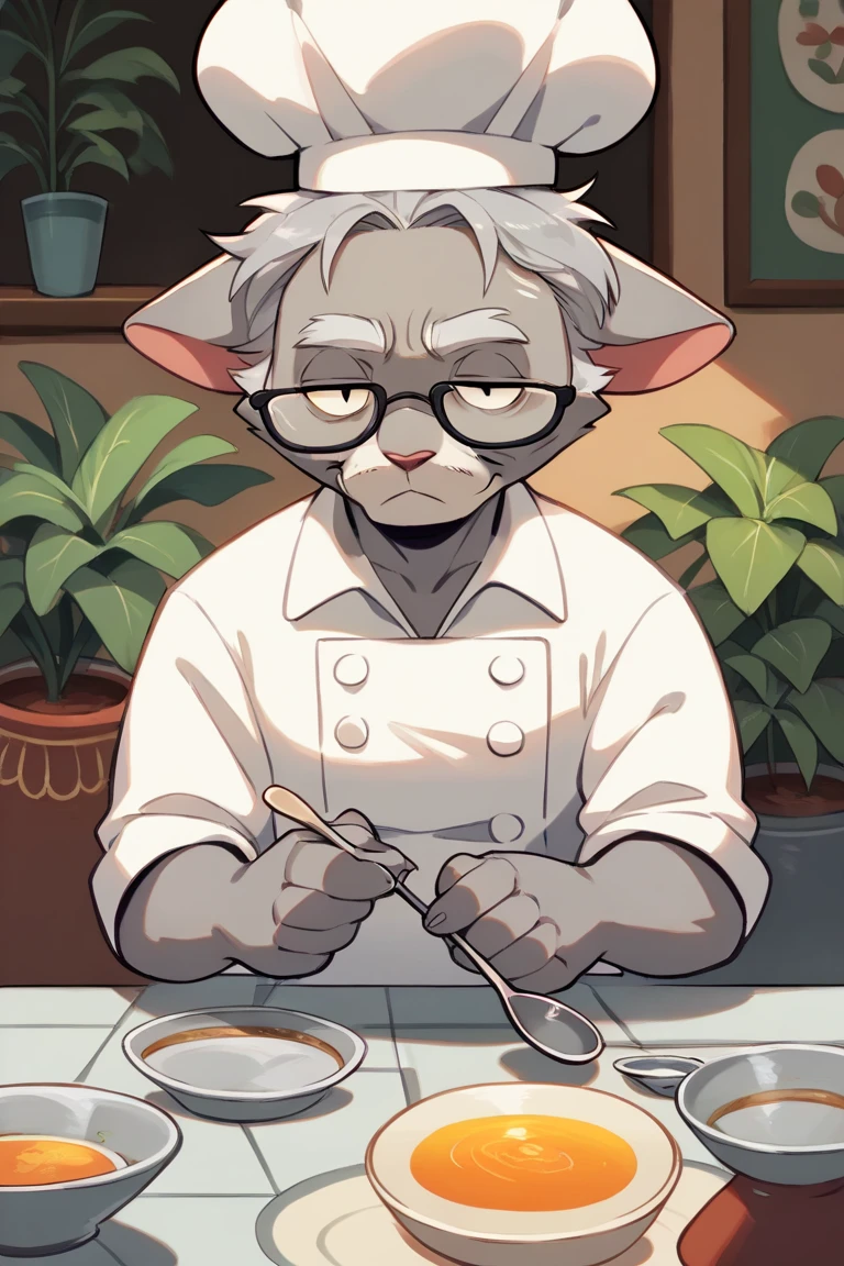 (Best quality: 1.0), (Super High Resolution: 1.0), (masterpiece, best quality:1.2), detailed, detailed hands, detailed eyes, score_9, score_8_up, score_7_up, furry, anthro, ((dragon)), ((solo)), grandpa, (about 70 years old), (manly), horns, handsome face, huge, bangs, white beard, beard above mouth, fluffly fur, nipples, looking pleasured, sexually, sexy pose, SFW, kitchen, (apron), nude, bulge, flaccid, in heat, panting, sweat, sweaty, musk, (skinny, shy), hands touching, (looking at viewer, shy), blushes:0.3, wearing glasses, first person view, close up view, (by bebebebebe, by syuro)