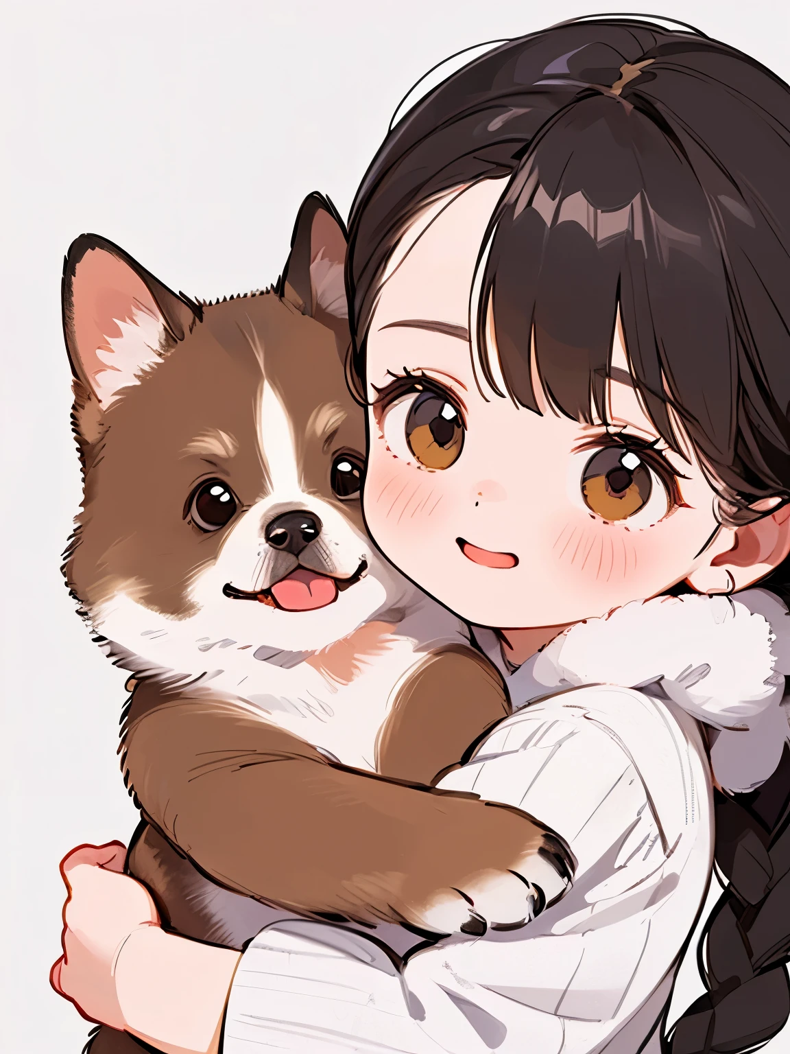 (   top quality ,4K,8k,     kampala,  masterpiece  :1.2),     very detailed , (Deformed,   realistic  ,   realistic  :1.3)，One ，cute ，Very short，Laugh happily,     brown eyes    , Fluffy,   black hair braids ，   white dress，，That dog is bigger than the girl     ......，This dog is an Akita....，犬はFluffy，    dog hugging girl ， Winter rural landscape background  ，Winter snow scene，White Breath，