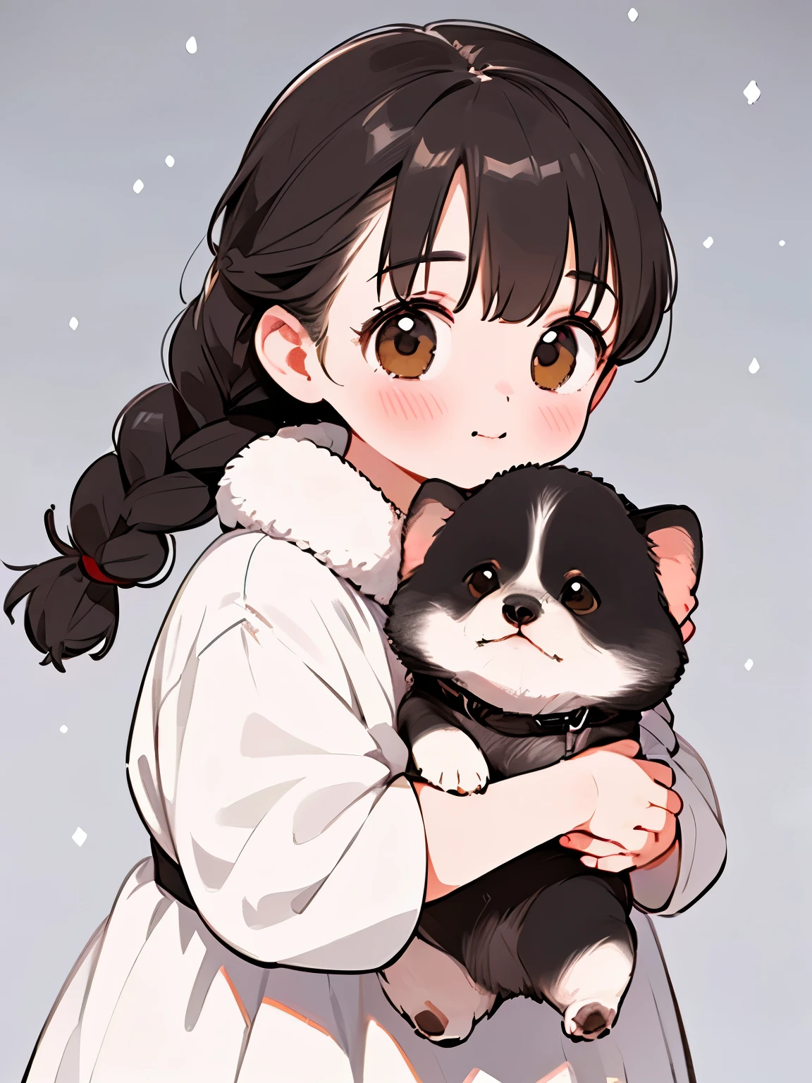 (   top quality ,4K,8k,     kampala,  masterpiece  :1.2),     very detailed , (Deformed,   realistic  ,   realistic  :1.3)，One ，cute ，Very short，Laugh happily,     brown eyes    , Fluffy,   black hair braids ，   white dress，，That dog is bigger than the girl     ......，This dog is an Akita....，犬はFluffy，    dog hugging girl ， Winter rural landscape background  ，Winter snow scene，White Breath，