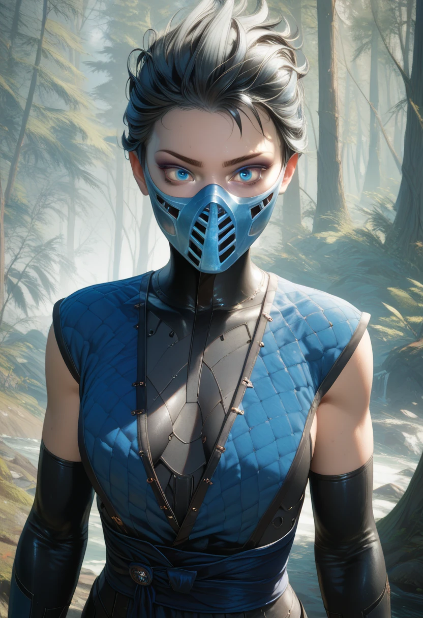 cyborg woman ,  long black hair,  Blue Eyes, blue and black ninja mask covering the mouth, blue and black ninja outfit ,  perfect body, frozen forest background 