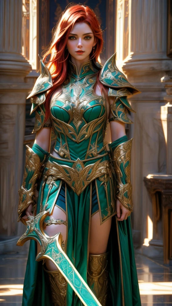 Cinematic, highly detailed, realistic, full-body portrait of a stunning red-haired female warrior in a dynamic, powerful stance. She wears intricate emerald plate armor adorned with glowing golden accents and ornate carvings. The vibrant green glowing sword she holds exudes an otherworldly light, casting soft reflections on the polished castle hall floors. The setting is a grand fantasy castle hall with towering pillars, elaborate carvings, and soft ambient lighting highlighting the regal atmosphere. Her fiery red hair flows naturally, catching the light, while her commanding pose exudes strength and grace. UHD, ultra-detailed, masterpiece quality with perfect anatomy and a slight upward angle to emphasize her imposing and heroic presence.