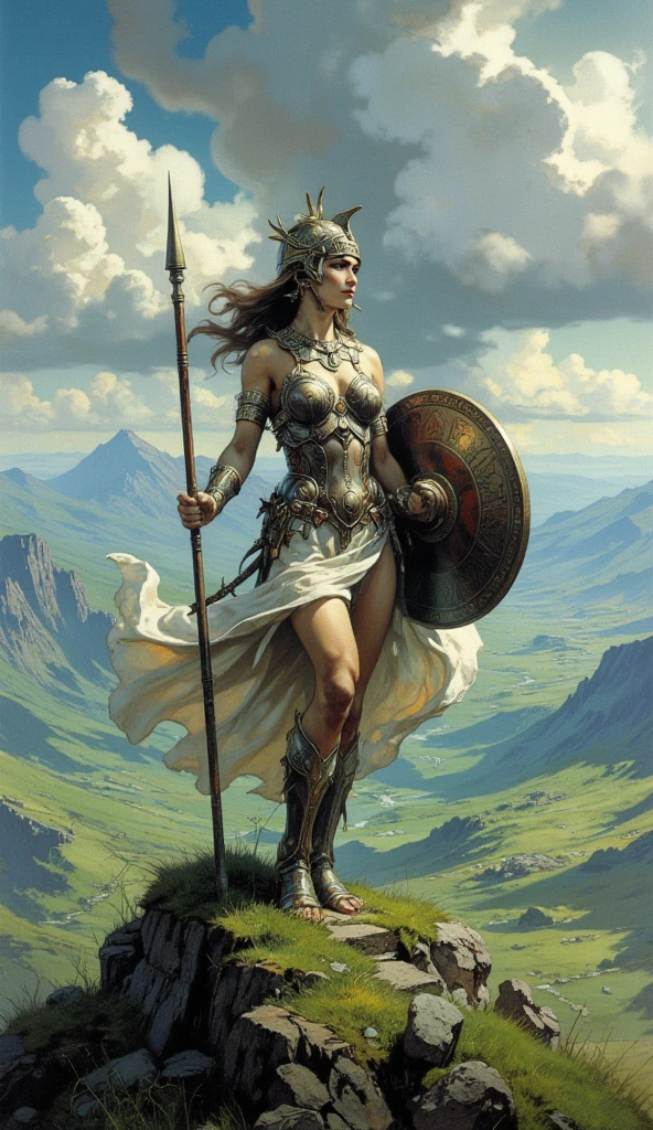 Create a high-quality image, extreme detail, intricate detail, depth of field, ultra definition, extreme realism, real life, realistic image, high-quality lighting, 16k UHD, Athena, the goddess of wisdom, in battle armor, holding a spear and shield, standing on a hilltop.