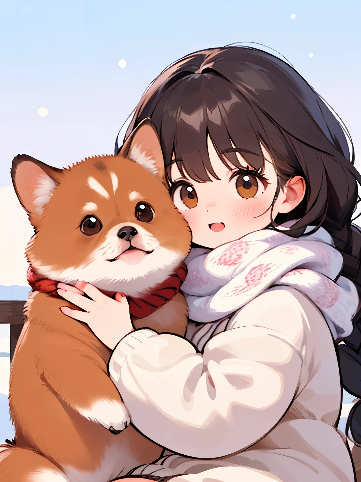 (   top quality ,4K,8k,     kampala,  masterpiece  :1.2),     very detailed , (Deformed,   realistic  ,   realistic  :1.3)，One ，Cute young girl， very short，Laugh happily,     brown eyes    , Fluffy,   black hair braids ，   white dress， warm scarf，That dog is bigger than the girl     ......，This dog is an Akita....，犬はFluffy，    dog hugging girl ， Winter rural landscape background  ，Winter snow scene，White Breath，