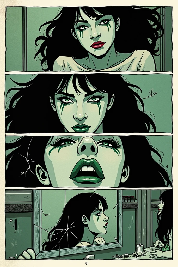 Aqui está como uma cena em quadrinhos estilo mangá poderia ser estruturada com base na transformação de clara:
---
Single Page - Manga Style
---
Frame 1:
vision: clara está sentada no chão em frente a um espelho rachado, with the reflection of her serious face. There are pots of paint, lipstick, and clothes thrown around her.
text ( narrative ):
"A clara que eles conheciam já não existe mais."
Dialogue (clara, in a low tone ):
"Let's get started..."
--- Table 2:
vision: Close-up de clara passando lipstick verde nos lábios. Her hand is steady, and her determined gaze in the mirror.
text ( narrative ):
" they laughed at me . Today, I will make the world cry for them."
--- Table 3:
vision: clara usa tinta preta e verde para pintar seu rosto em um padrão único. Her eyes stand out, with dark shadows around and expressive lines.
text ( narrative ):
"Every stroke tells the story of the pain I endured. Every color announces the chaos I will spread."
Dialogue (clara, looking at herself in the mirror):
"Different. intense. perfect."
---
Chart 4 :
vision: clara está vestindo uma camisa preta justa com detalhes verdes e uma saia listrada de verde e preto. She puts on matching long socks and sturdy boots.
text ( narrative ):
"They chose to destroy me. agora, I choose to be destruction."
--- Table 5:
vision: clara coloca um capuz preto sobre sua cabeça. Her dyed green hair shines in the light, while her expression is cold and intense.
text ( narrative ):
"This is not a mask. This is who I am now."
Dialogue (clara, in a sinister hue):
"The time has come. Let's dance ."
---
Final Frame (Splash):
vision: clara está de pé, completely transformed, facing the mirror. Her figure exudes a menacing aura, with deep shadows in the background .
text ( narrative ):
" What Started with Pain ... Ends with Blood ."
Black and White Manga Frames