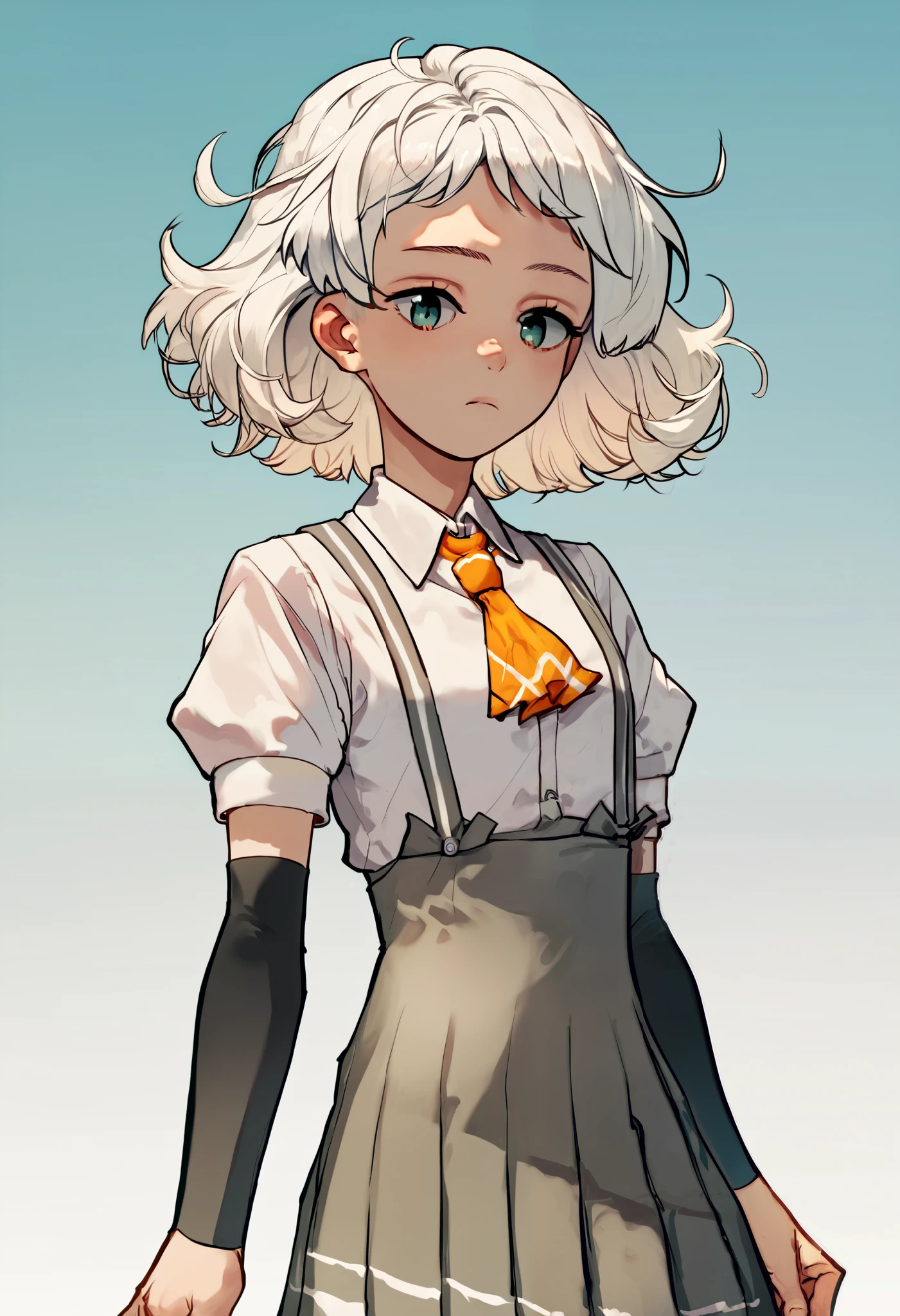 natsugumoKC, white hair,short hair, white shirt, short sleeves, pleated skirt,collared shirt, dress shirt, suspenders, grey skirt,arm warmers, suspender skirt, orange ascot,