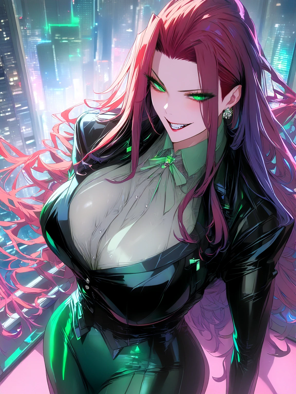 Masterpiece, very detailed, ultra detailed, one, (1 woman), she is 30 age, milf, she is in a sexy women's suit with stockings, long hair, blood-red hair and undercut on the side, straight hair, beautiful, charming, green eyes (neon), elegant, big breasts (midl), Hot woman, lush body, demonic smile, She's on the roof of a skyscraper against the background of a night cityscape.