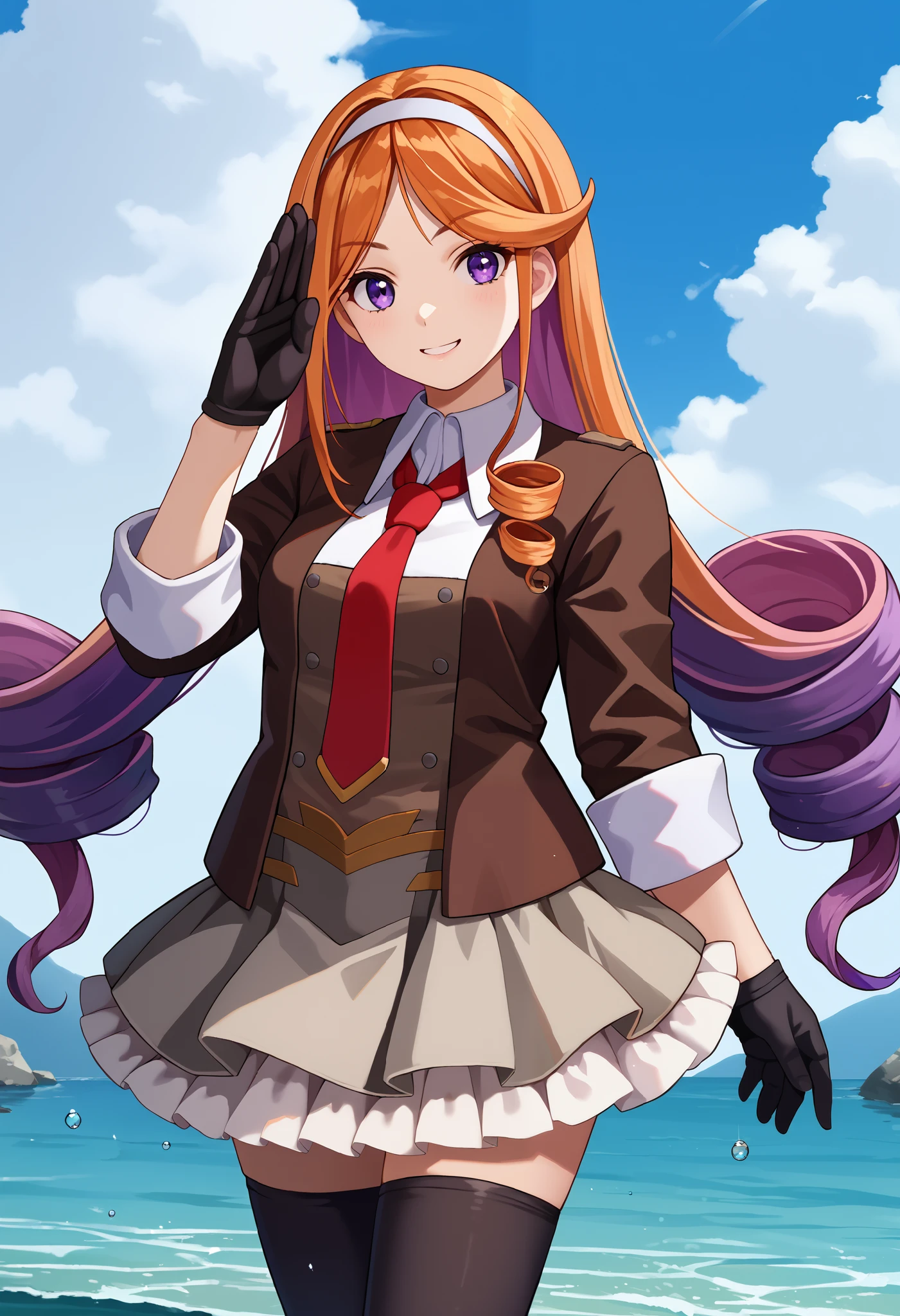  score_9,  score_8_up,  score_7_up,  source_Anime, Alone,  1 girl in uniform, kcuuguure , smile, looking at you,  standing, water遊び, salute,  long hair, Multicolored Hair,  orange hair, Purple Hair,  asymmetrical side lock, Drill Hair,  white hair band,  purple eyes, frills,   black jacket,  blazer,  open jacket,  Long Sleeve ,  brown vest ,  white shirt,  colored shirt ,  red tie,  black gloves ,  gray skirt ,  pleated skirt,  ruffle skirt, black thighhighs,  blue sky, cloud,  outdoors, water
