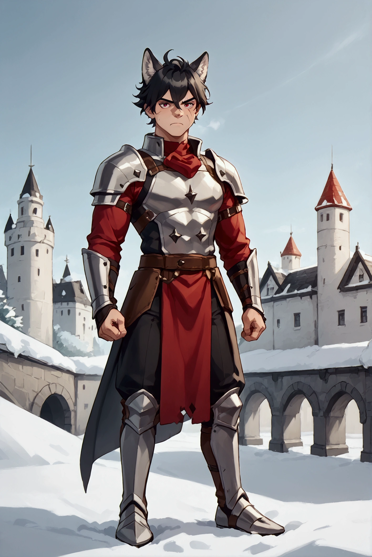 Alone,  High resolution ,  best quality ,  short hair,  black hair,  Animal ears , wolf ears,  Red eyes , exposed canine/Exposed prey, irritated,  cheek scar , Lycan , muscular, full body, details with light medieval black armor  , man with red ,  against the background of a snow-covered white castle.