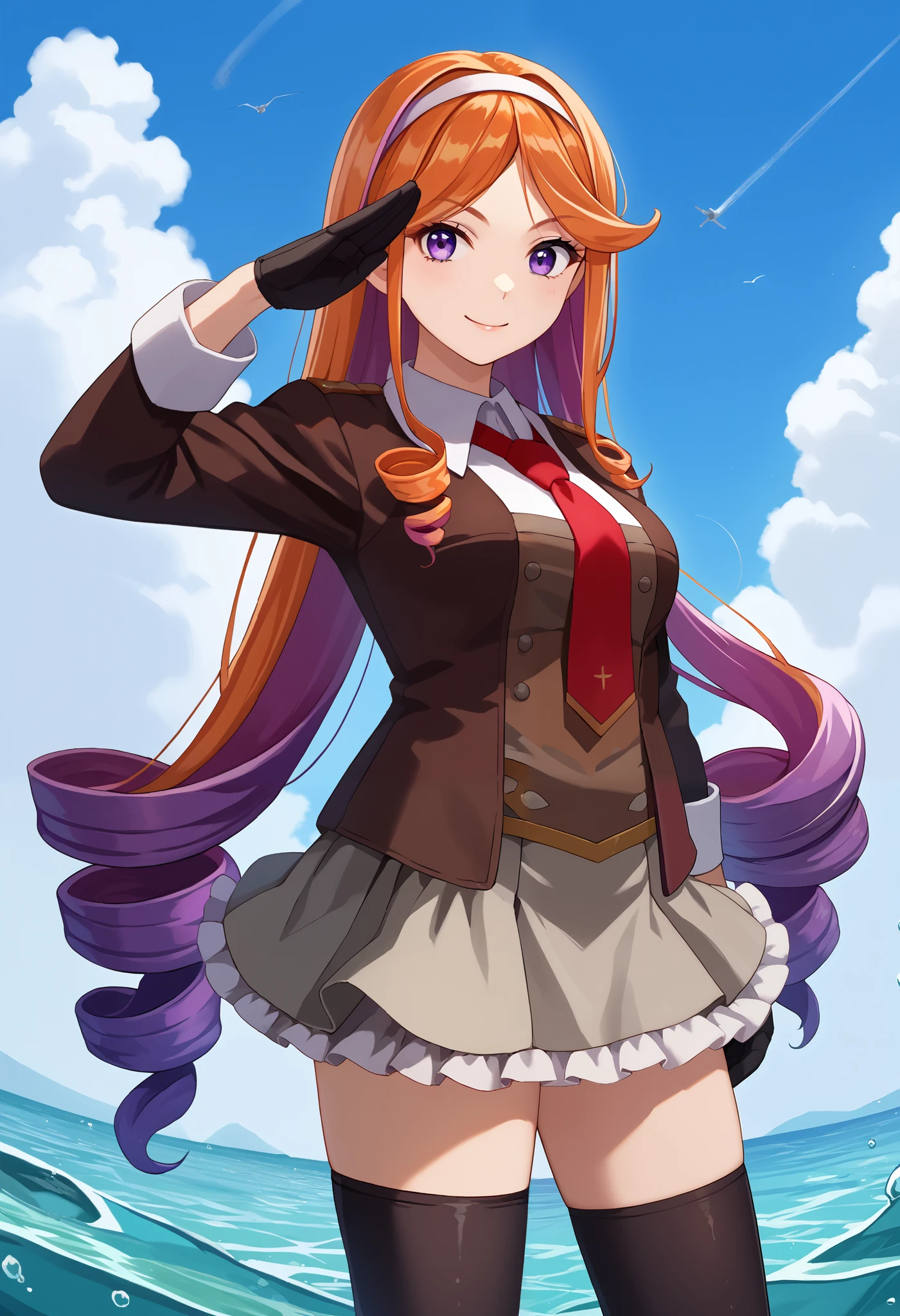  score_9,  score_8_up,  score_7_up,  source_Anime, Alone,  1 girl in uniform, kcuuguure , smile, looking at you,  standing, water遊び, salute,  long hair, Multicolored Hair,  orange hair, Purple Hair,  asymmetrical side lock, Drill Hair,  white hair band,  purple eyes, frills,   black jacket,  blazer,  open jacket,  Long Sleeve ,  brown vest ,  white shirt,  colored shirt ,  red tie,  black gloves ,  gray skirt ,  pleated skirt,  ruffle skirt, black thighhighs,  blue sky, cloud,  outdoors, water
