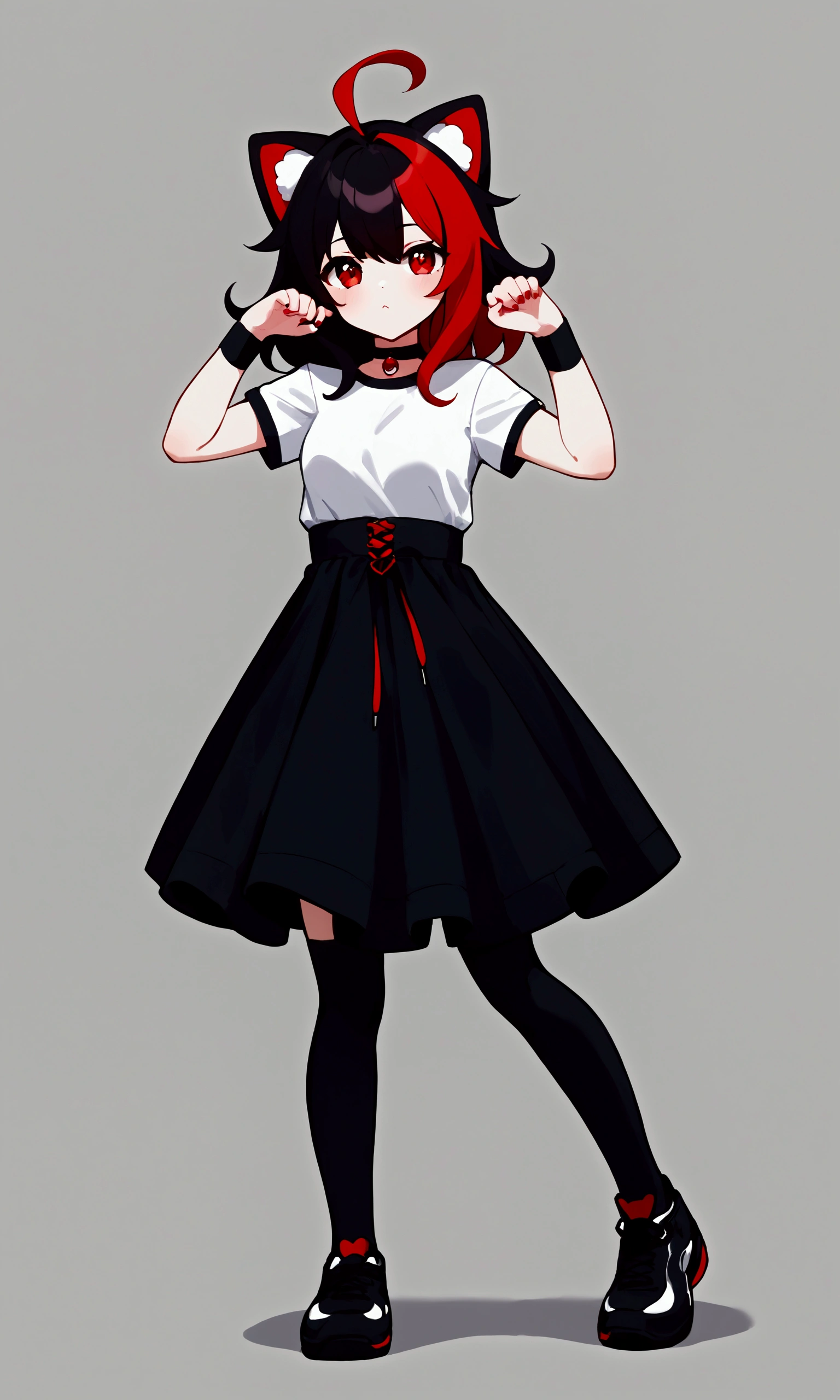 bright contrast colors, (abstraction), UwU, girl, red, black, two-colored hair, stylish pose