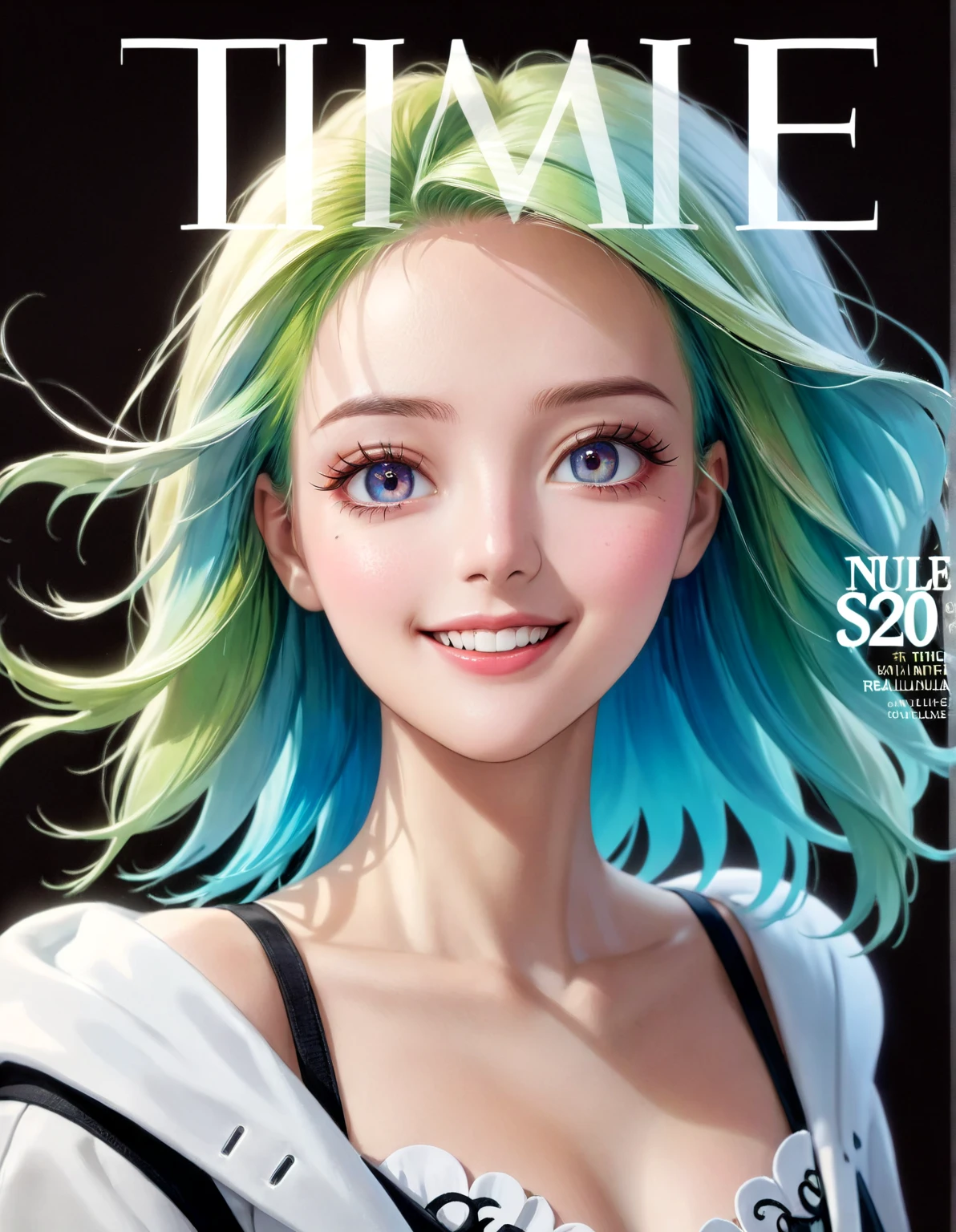  magazine cover, aesthetic, time magazine, (A girl with)  vibrant colored hair , Shocking Pose, elegant clothes,  Confident smile , Dynamic background, (high fashion),( realistic ),( studio lighting), ( best quality ,4k,highres), ( portrait), ( best quality ,4k,8K,highres, masterpiece :1.2), ultra detailed ,( realistic ,photo realistic ,photo- realistic :1.37), glossy finish,  vibrant colors,  Captivating design ,   Professional models , iconic logo ,  Shocking Typography , Dynamic Design,  eye-catching headlines ,  , Avant-garde style,  innovative concepts ,  influential personalities ,  trendsetting fashion , in-depth articles ,  stimulating content , Modern lifestyle, Cultural impact, timeless appeal, Elegant accessories,  glamorous photo shoots,  international appeal ,  Diverse perspectives ,  high fashion publishers ,  Exclusive interviews ,  top-notch journalism , Exquisite craftsmanship,  visual narrative ,  compelling cover story ,  captivating imagery ,  iconic fashion brands , maquillaje  , Luxury fabrics, Elegant patterns,  High quality print ,  sophisticated design ,  trend forecast , Inspirational Images,  stunning art direction ,  must-read topic .