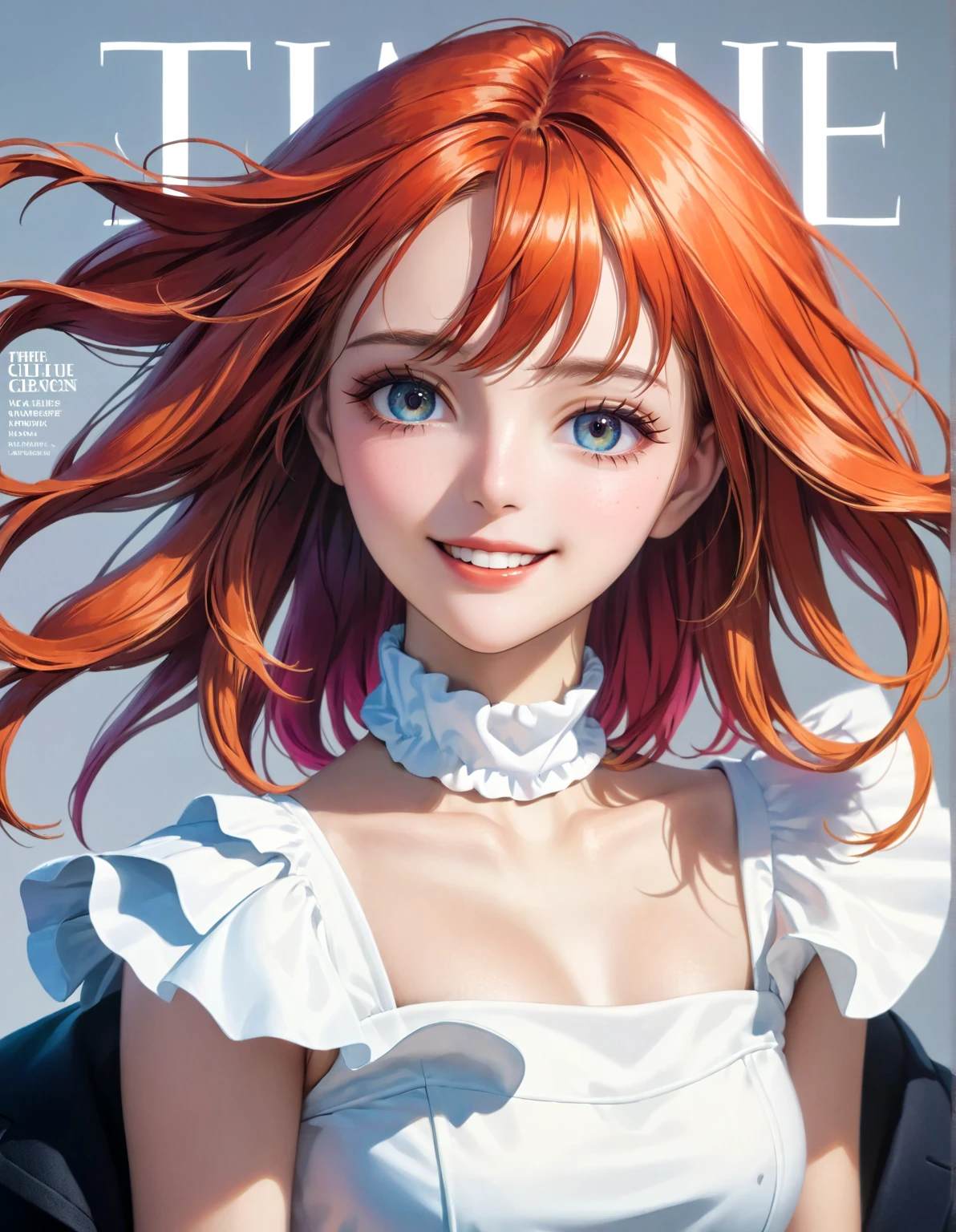  magazine cover, aesthetic, time magazine, (A girl with)  vibrant colored hair , Shocking Pose, elegant clothes,  Confident smile , Dynamic background, (high fashion),( realistic ),( studio lighting), ( best quality ,4k,highres), ( portrait), ( best quality ,4k,8K,highres, masterpiece :1.2), ultra detailed ,( realistic ,photo realistic ,photo- realistic :1.37), glossy finish,  vibrant colors,  Captivating design ,   Professional models , iconic logo ,  Shocking Typography , Dynamic Design,  eye-catching headlines ,  , Avant-garde style,  innovative concepts ,  influential personalities ,  trendsetting fashion , in-depth articles ,  stimulating content , Modern lifestyle, Cultural impact, timeless appeal, Elegant accessories,  glamorous photo shoots,  international appeal ,  Diverse perspectives ,  high fashion publishers ,  Exclusive interviews ,  top-notch journalism , Exquisite craftsmanship,  visual narrative ,  compelling cover story ,  captivating imagery ,  iconic fashion brands , maquillaje  , Luxury fabrics, Elegant patterns,  High quality print ,  sophisticated design ,  trend forecast , Inspirational Images,  stunning art direction ,  must-read topic .