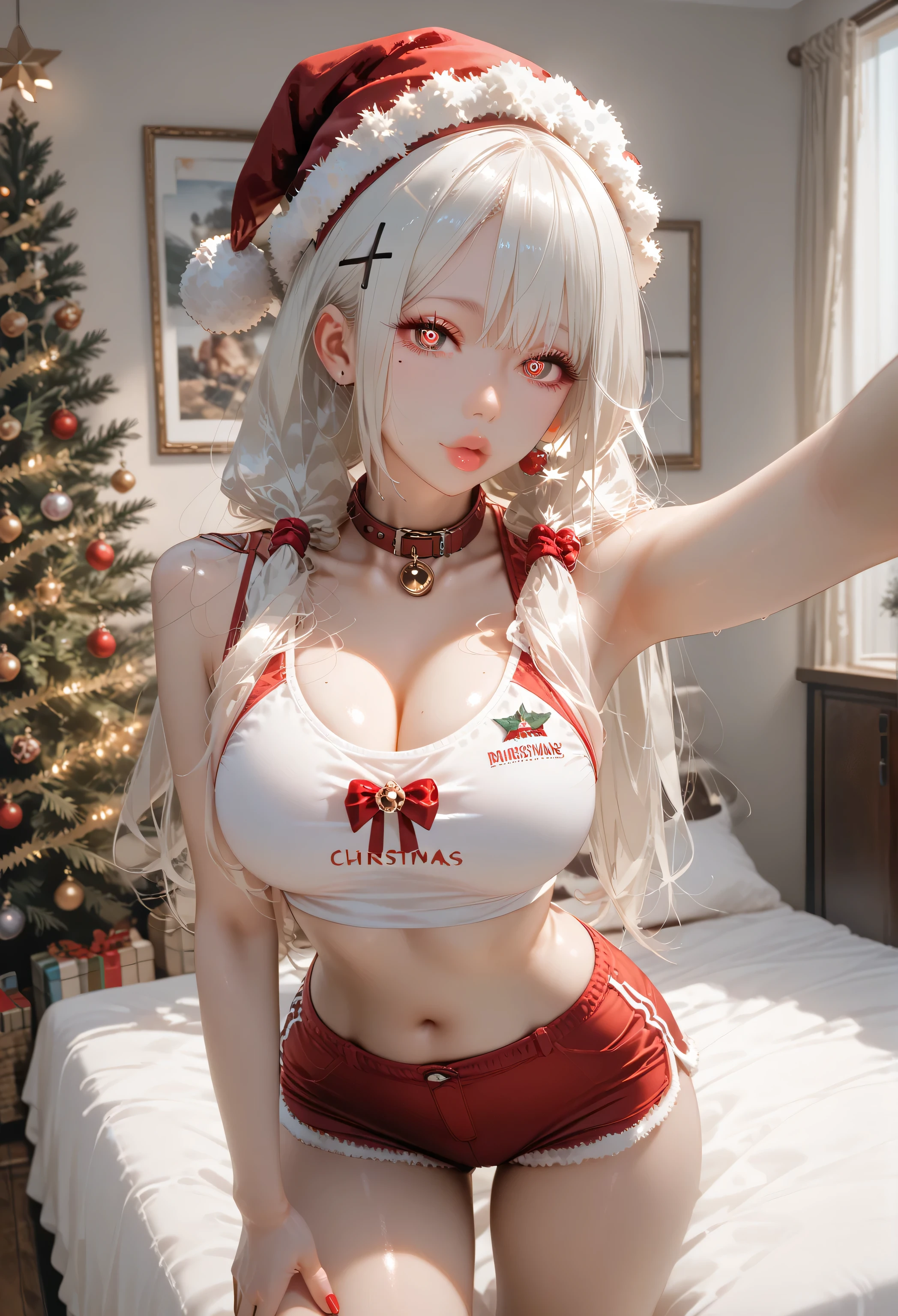 (1girl), red eyes, (white hair)mature, hypnotic eyes, hypnotic, mole onder eye,white hair, pigtails,  long hair,, x ornament, big lips, pretty lips, long hair, gyaru hairstyle, there is a woman in a white shorts taking a selfie, smooth pink tight clothes, posing in a bedroom, good hips and long legs, photo of slim girl, , sporty, photo of slim girl model, bimbo, big breast, big ass, curves, naval,midriff, christmas background, christmas hat, sexy christmas outfit, armpit,  christmas tree, christmas lights, pale skin