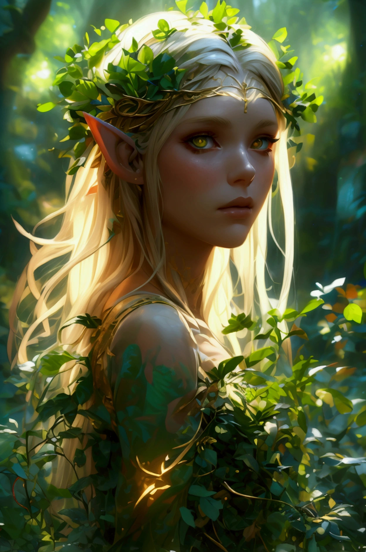 a beautiful elf girl with long luminous blonde hair,detailed delicate facial features,dress made of lush green plant leaves,golden glowing eyes,stems and vines wrapping sensually around her arms and hips,surrounded by a magical forest with glowing plants and flowers,(best quality,8k,highres,masterpiece:1.2),ultra-detailed,realistic,photorealistic,photo-realistic:1.37,dramatic lighting,fantasy,digital painting,concept art