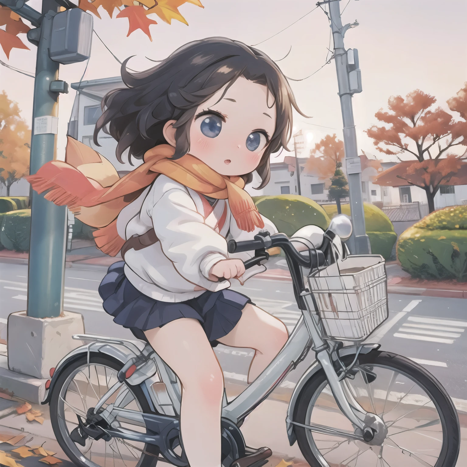 ( A masterpiece，  super high resolution， top quality:1.2), reality、  fisheye lens，Very small build ，By bicycle，Alone、  Junior high school students，Winter clothes、 warm scarf，Fluttering skirt，positive，whirlwind，Kawabe at dusk in autumn、 Fall Leaves 　 Beautiful Sunsets ，White Breath，