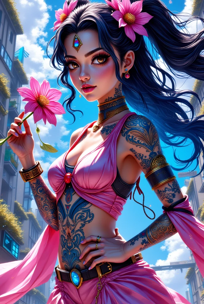 a woman with tattoos and a flower in her hair, wearing a pink outfit and holding a flower in her hand, Artgerm, blue and pink color scheme, cyberpunk art, synchromism, masterpiece, best quality, aesthetic,