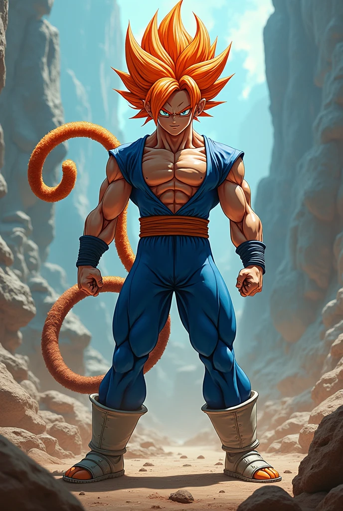 (masterpiece, best quality:1.2), <lora:dbgt_gogeta-10:1>, cowboy shot, solo, male focus, 1boy, gogeta, muscular male, (body_fur, red_fur:1.2), smirk, looking at viewer, red hair, blue eyes, vest, blue sash, white pants, wristband, tail, pectorals