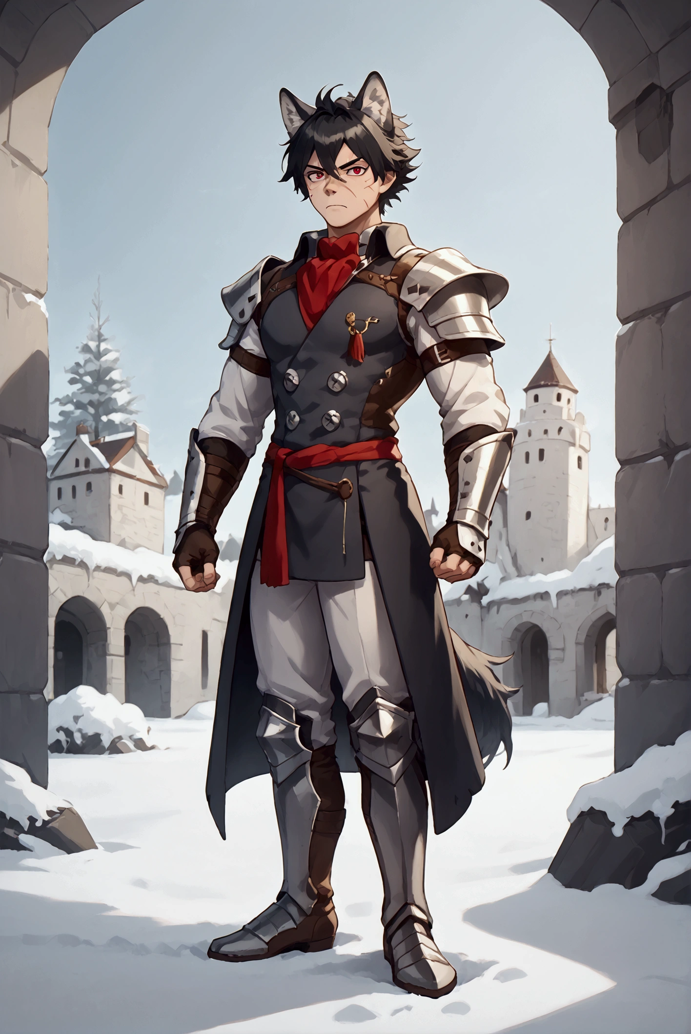 Alone,  High resolution ,  best quality ,  short hair,  black hair,  Animal ears , wolf ears,  Red eyes , exposed canine/Exposed prey, irritated,  cheek scar , Lycan , muscular, full body, details with light medieval black armor  ,with silver details, against the background of a snow-covered white castle.