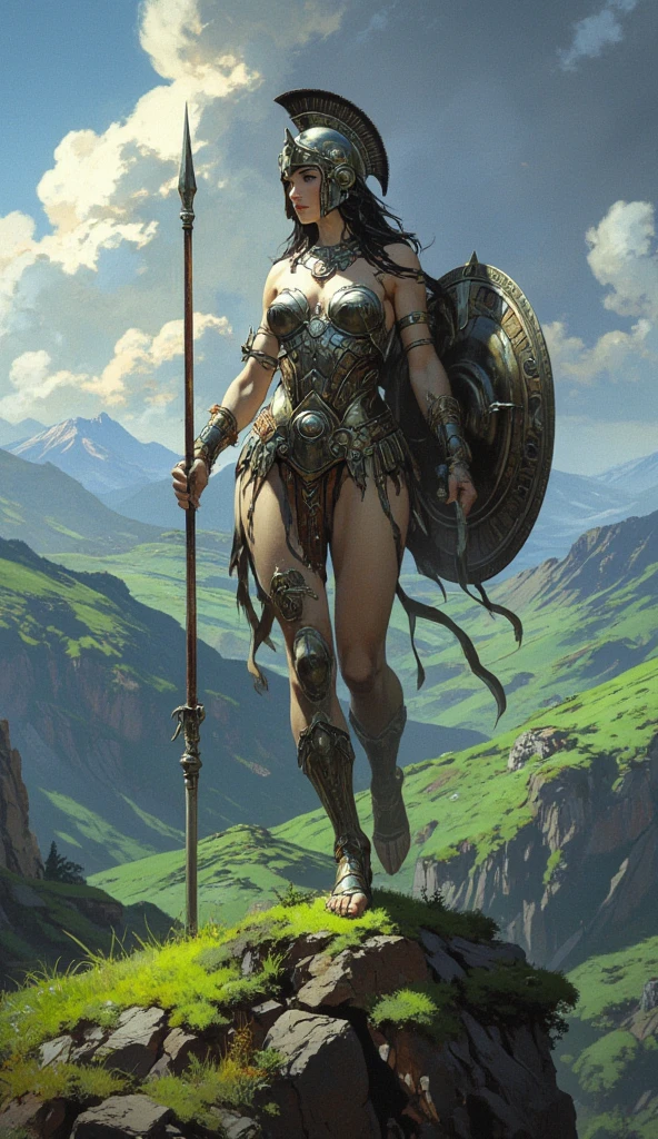 Create a high-quality image, extreme detail, intricate detail, depth of field, ultra definition, extreme realism, real life, realistic image, high-quality lighting, 16k UHD, Athena, the goddess of wisdom, in battle armor, holding a spear and shield, standing on a hilltop.