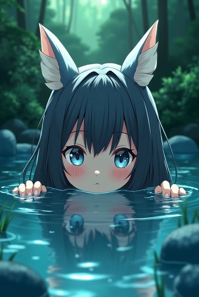 HDR, Excellent quality, 1. Slug Girl,  transparent body, transparent skin, translucent body, transparent tail, detailed slime body, (lying down:1.4) on the stomach, legs bent at the knees, petite curvy loli,one eye covered, Squirrel ears, Tailed squirrels, short tail, One Tail, with a beautiful face, ssmile, woods