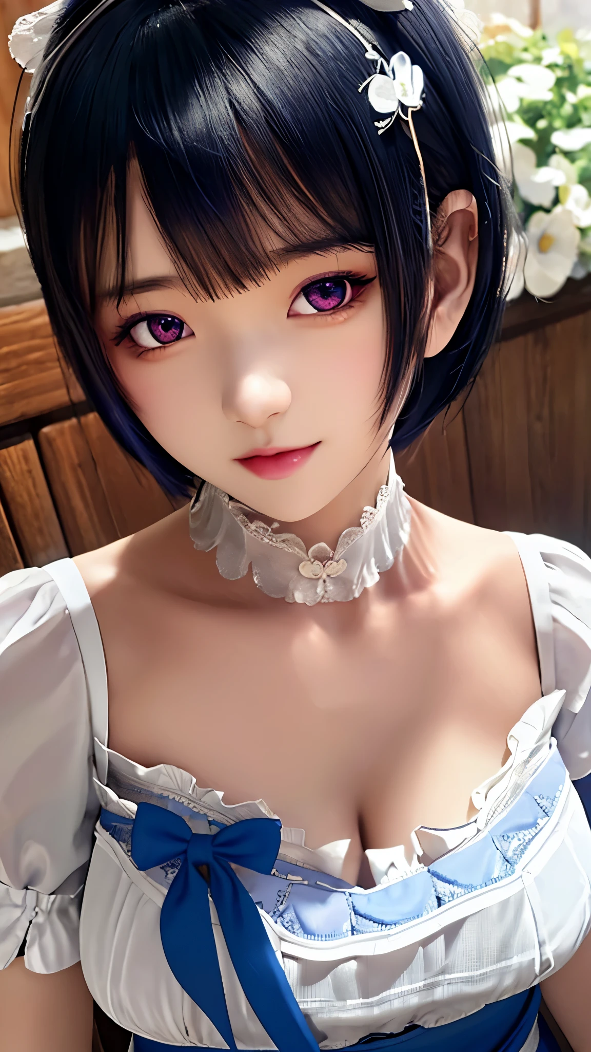 (masterpiece, best quality;1.3), ultra detailed, ooking at viewer, 
rem_re_zero, Facial close-up,blue hair, short hair, maid uniform, hair ornament, cleavage, maid headdress, detached sleeves, ribbon heart-shaped pupils