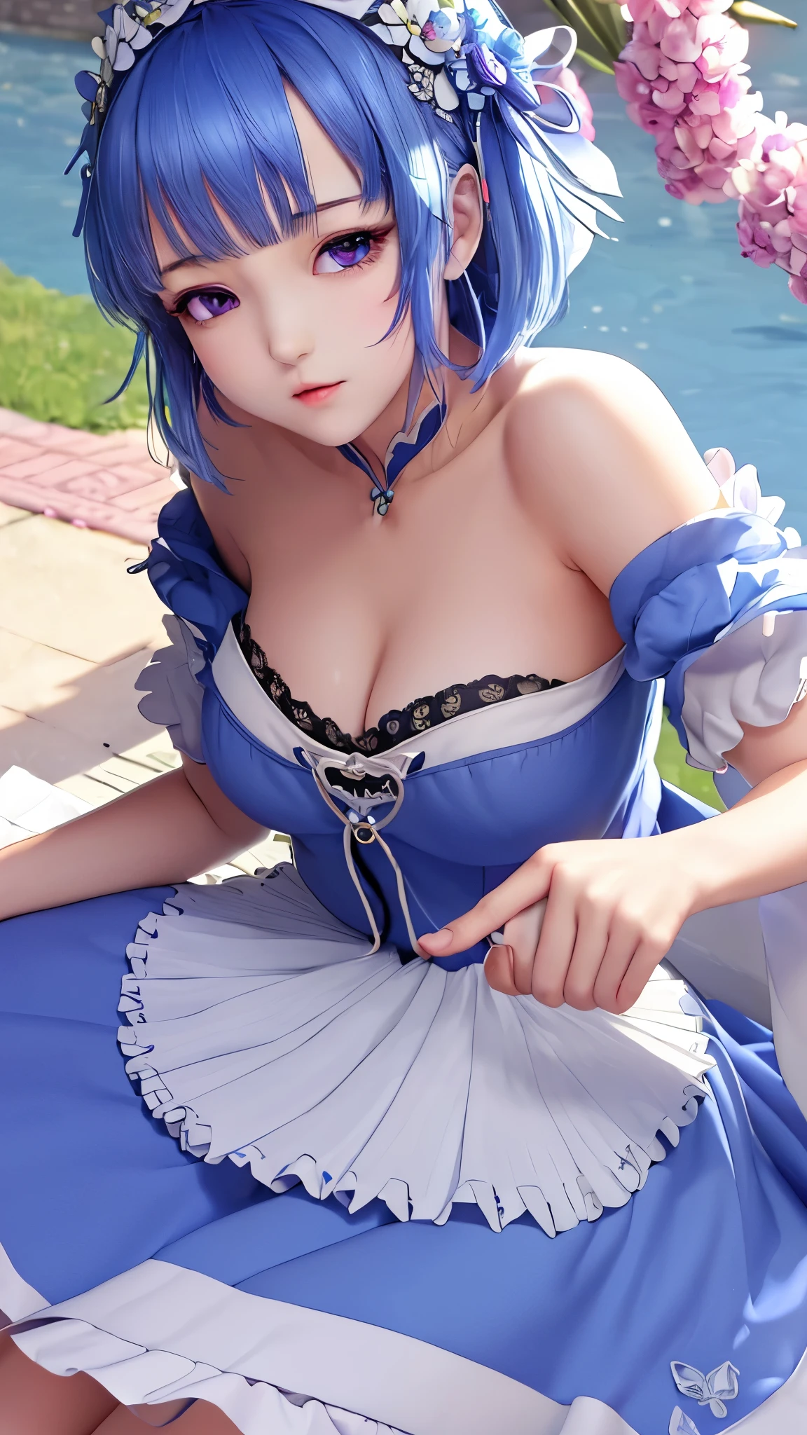 (masterpiece, best quality;1.3), ultra detailed, ooking at viewer, 
rem_re_zero, Facial close-up,blue hair, short hair, maid uniform, hair ornament, cleavage, maid headdress, detached sleeves, ribbon heart-shaped pupils