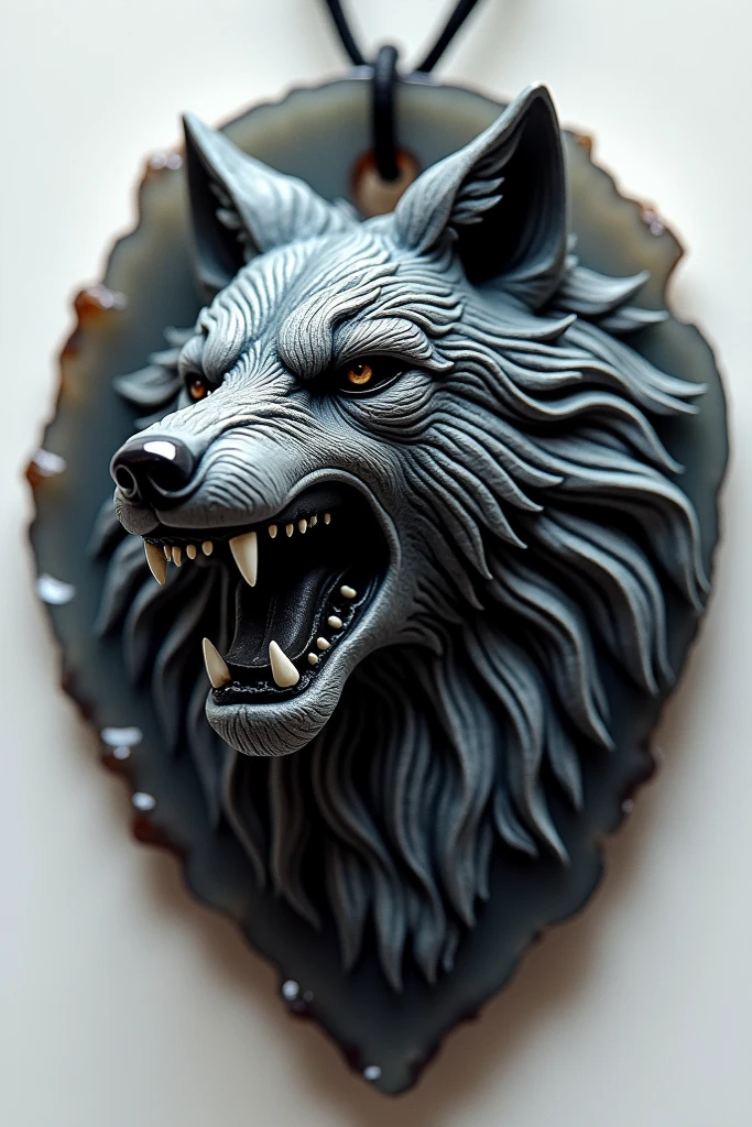 I want to carve a smoky agate to make a wolf head pendandt. The wolf should be have angry face. Give me an idea