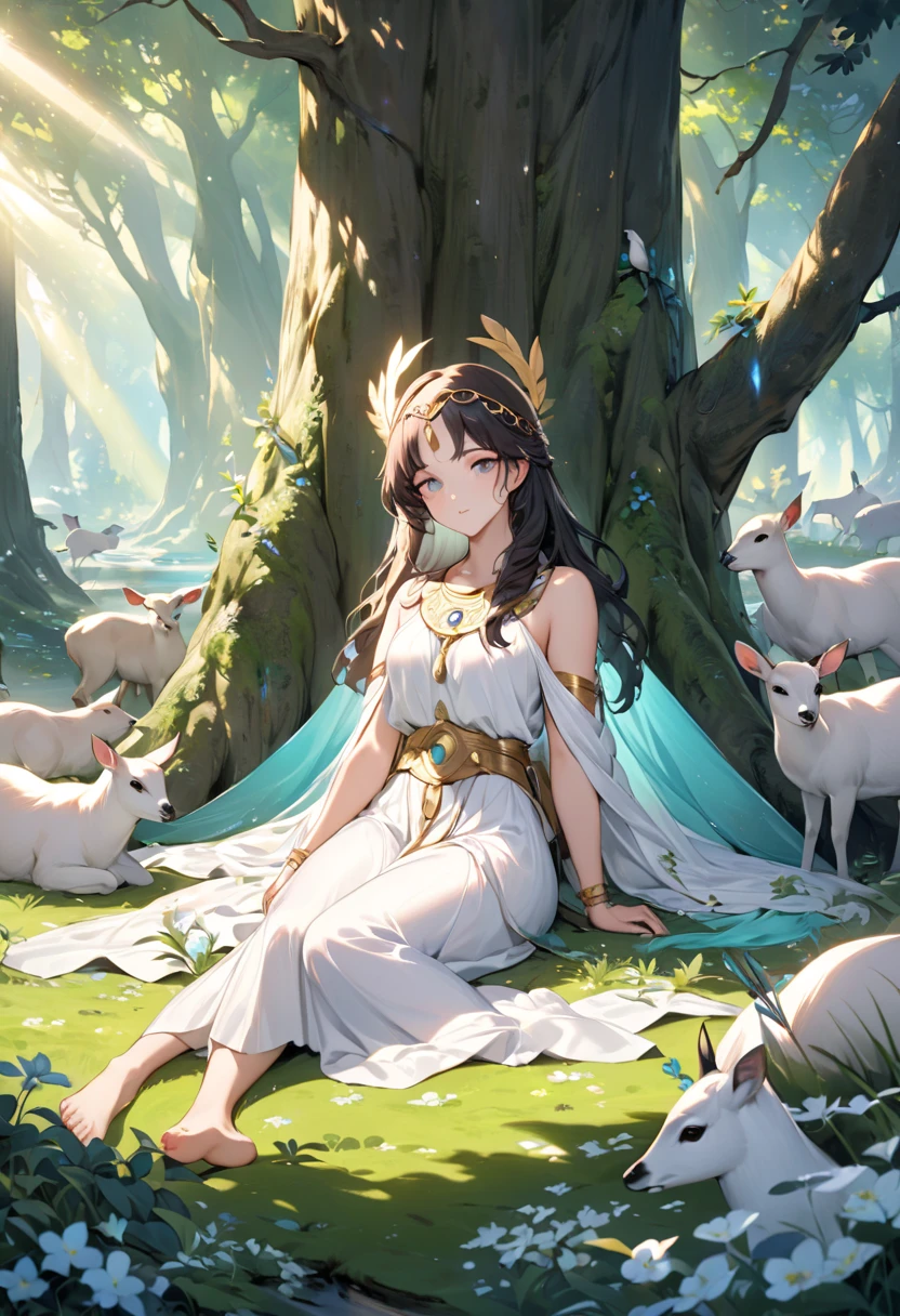 (((Best quality, 8k, Masterpiece: 1.3)), ((best quality)), ((masterpiece)), (detailed), perfect face, perfect body, (detailed skin:1.3), (intricate details), A serene depiction of Artemis, the Greek goddess of the hunt, the moon, and wilderness, seated gracefully beside a crystal-clear spring in an ancient forest. She has flowing, wavy dark hair adorned with a delicate silver circlet, symbolizing the crescent moon. Her attire is a flowing white tunic (chiton) with gold accents, cinched at the waist, and her bare feet rest on the soft mossy ground. A bow and quiver of arrows lie nearby, suggesting her identity. The forest around her is lush and verdant, with shafts of sunlight piercing through the tall, ancient trees, creating a dappled light effect. The spring reflects the surrounding greenery and Artemis's serene visage. Small animals, such as a doe and birds, rest peacefully nearby, emphasizing her connection with nature. The atmosphere is tranquil and mystical, evoking a sense of divine beauty and harmony