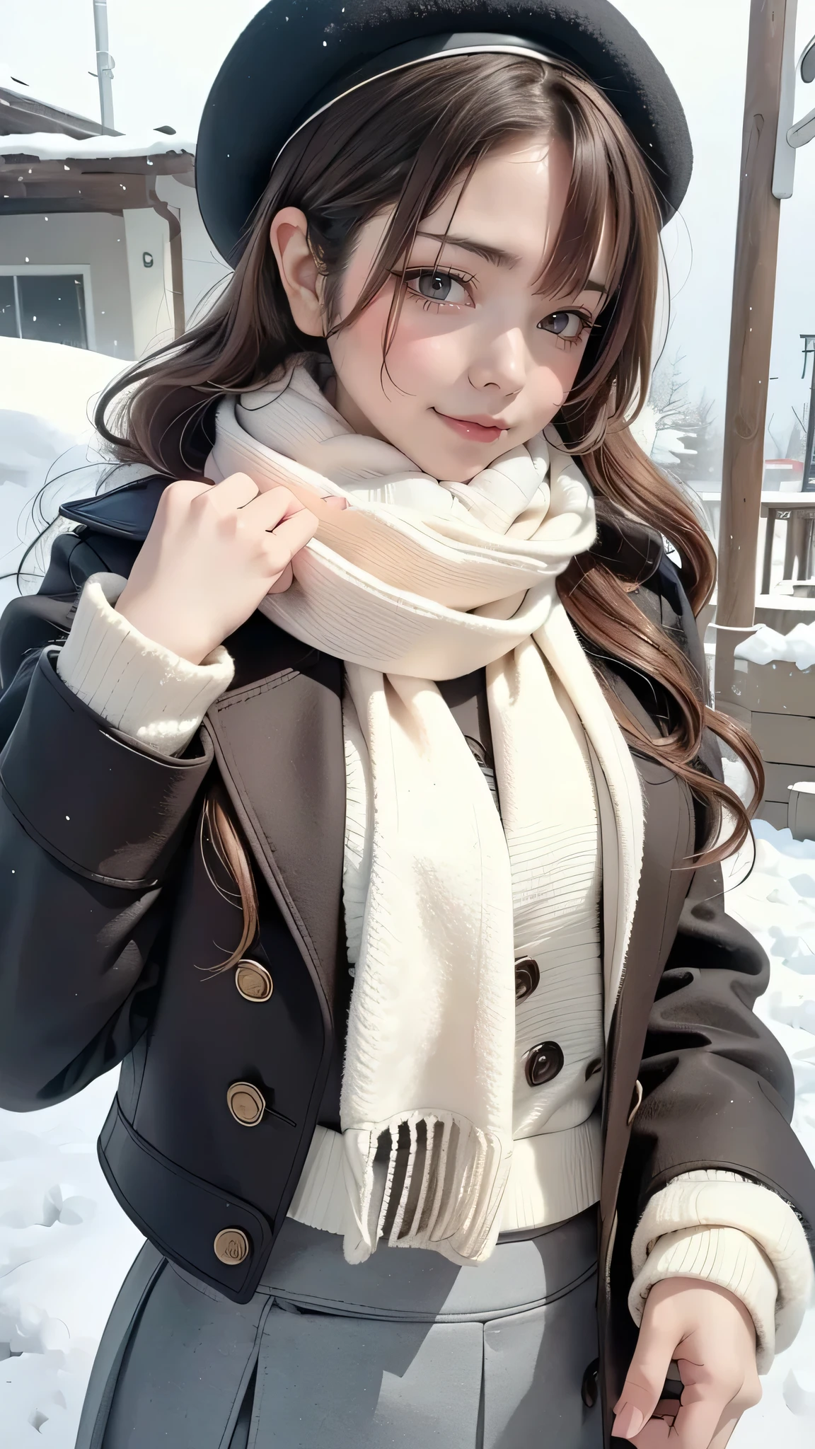 solo girl, 20 years old,medium hair, dark brown hair, brown eyes, medium breast, happy,pea coat,beret,fluffy scarf,maxi skirt ,outdoors, winter,snow, Best Quality, High resolution, Extremely detailed, Detailed background, Perfect Lighting