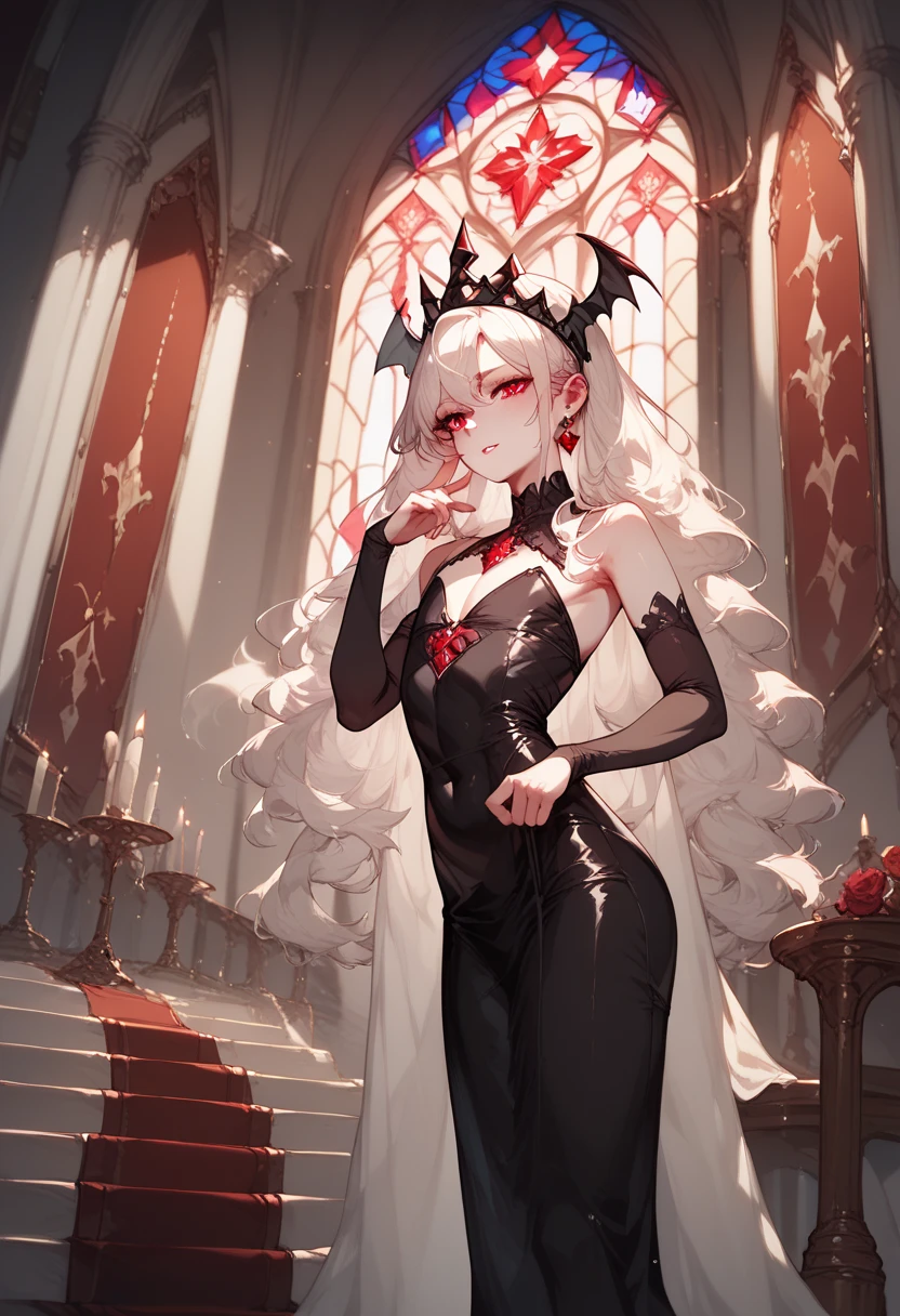 Femboy, white skin, red eyes, black tight fitting dress with red inside, inside big gothic castles throne room, mid length hair, night