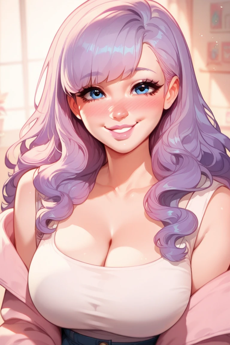 1girl, Solo, Long Hair, Bangs, pastel purple hair color, blue eyes, Large breasts, Nose Blush, pink lips, trans girl, cute clotches, cute make up, slighty smile