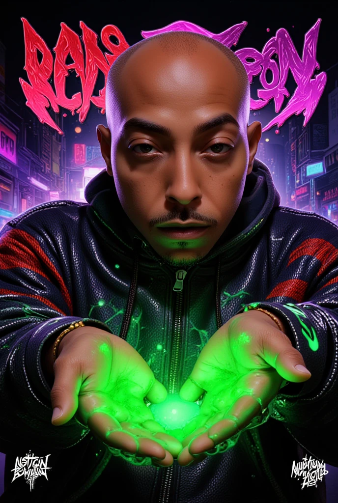  A Hip Hop Album Cover Art of A cinematic shot of a bald-headed urban wizard with a muscular build are 25 caramel brown skin tone ::5.1 . He is wearing a wizard robe and a Luxury fashion monogram with the colors red and purple. The text "NA LISTEN"::5.6 is displayed on the robe. The wizard is casting a spell and has a stoic expression. The background is dark. green neon energy power emanating from hands vibrant contrasting cityscape background. palette of purples, greens and reds to evoke a sinister yet retro feel. In the background, show a gritty urban scene. The a man should be in a dynamic pose, embodying his unpredictable and dangerous personality. Add classic comic book elements like a bo