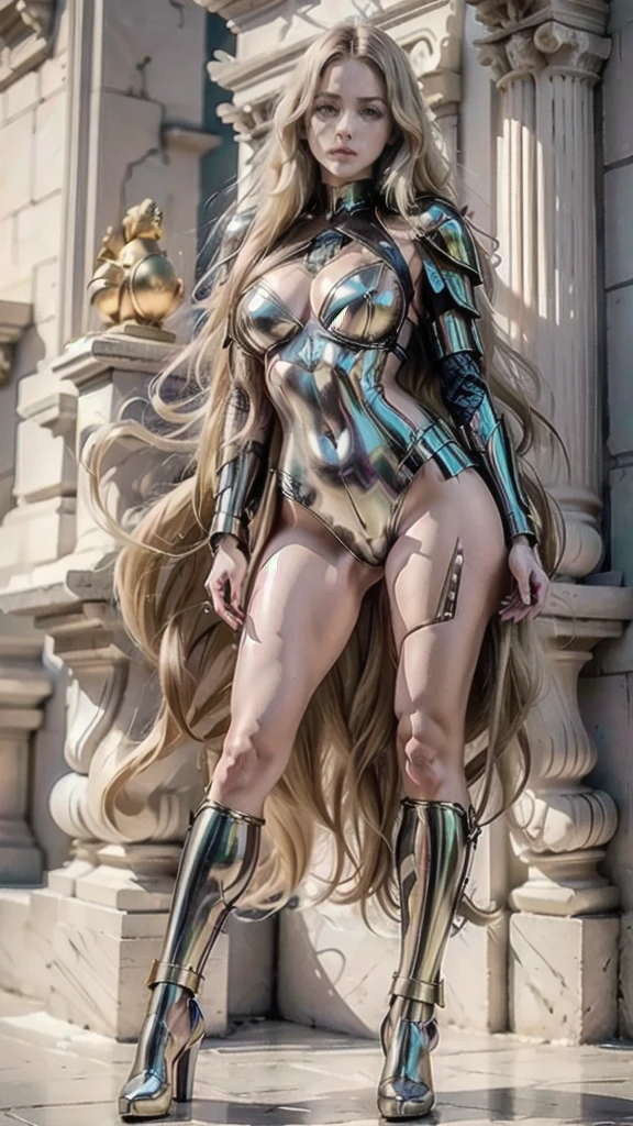  An Amazon posing with confidence and courage .   Body: . She has very long wavy green hair .  The breasts are large and voluptuous and the hips are very strong and toned.  The waist is tiny . Seu Body é voluptuoso e delicado.   clothes: Amazon armor.  The armor is shiny metallic pink with details in red and green flowers .  She has a long sword and a shield with the lion's head symbol .   Image style and definition:  ultra realistic photo , female figure, Portraits, Reductionist form, woman.  experience : Infinite white room , 
([long hair hair]:1.8), (full body:1.8), (upper body up:0.3), (hyper realistic:1.4), (realistic:1.3), (best quality real texture skin), Detailed eyes, detailed face, PERSEPHONE, persephone, (SFW:1.5) Hyperrealistic, LESS saggy breasts, (SMALL BREASTS:1.5), (HUGE LEGS:1.5), (LESS THIGHS:1.5),  perfect legs ,  perfect legs , pernas added, pernas added e perfeitas,  shapely legs, toned thighs, pernas added, Smooth thighs. ( erotic pose :1.5), (thick eyebrows:1.2), (big purple eyes:1.2), ( ultra detailed eyes :1.4), ( high resolution eyes :1.1), ( ultra detailed skin texture :1.4), (Belo Body tonificado:1.1),  cameltoe