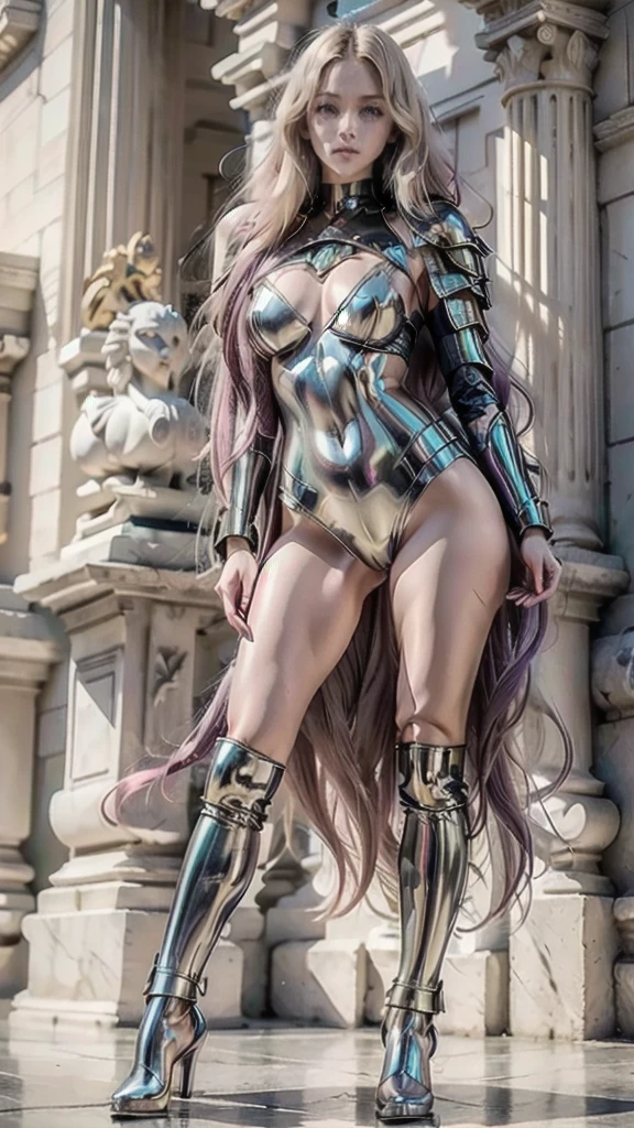  An Amazon posing with confidence and courage .   Body: . She has very long wavy green hair .  The breasts are large and voluptuous and the hips are very strong and toned.  The waist is tiny . Seu Body é voluptuoso e delicado.   clothes: Amazon armor.  The armor is shiny metallic pink with details in red and green flowers .  She has a long sword and a shield with the lion's head symbol .   Image style and definition:  ultra realistic photo , female figure, Portraits, Reductionist form, woman.  experience : Infinite white room , 
([long hair hair]:1.8), (full body:1.8), (upper body up:0.3), (hyper realistic:1.4), (realistic:1.3), (best quality real texture skin), Detailed eyes, detailed face, PERSEPHONE, persephone, (SFW:1.5) Hyperrealistic, LESS saggy breasts, (SMALL BREASTS:1.5), (HUGE LEGS:1.5), (LESS THIGHS:1.5),  perfect legs ,  perfect legs , pernas added, pernas added e perfeitas,  shapely legs, toned thighs, pernas added, Smooth thighs. ( erotic pose :1.5), (thick eyebrows:1.2), (big purple eyes:1.2), ( ultra detailed eyes :1.4), ( high resolution eyes :1.1), ( ultra detailed skin texture :1.4), (Belo Body tonificado:1.1),  cameltoe