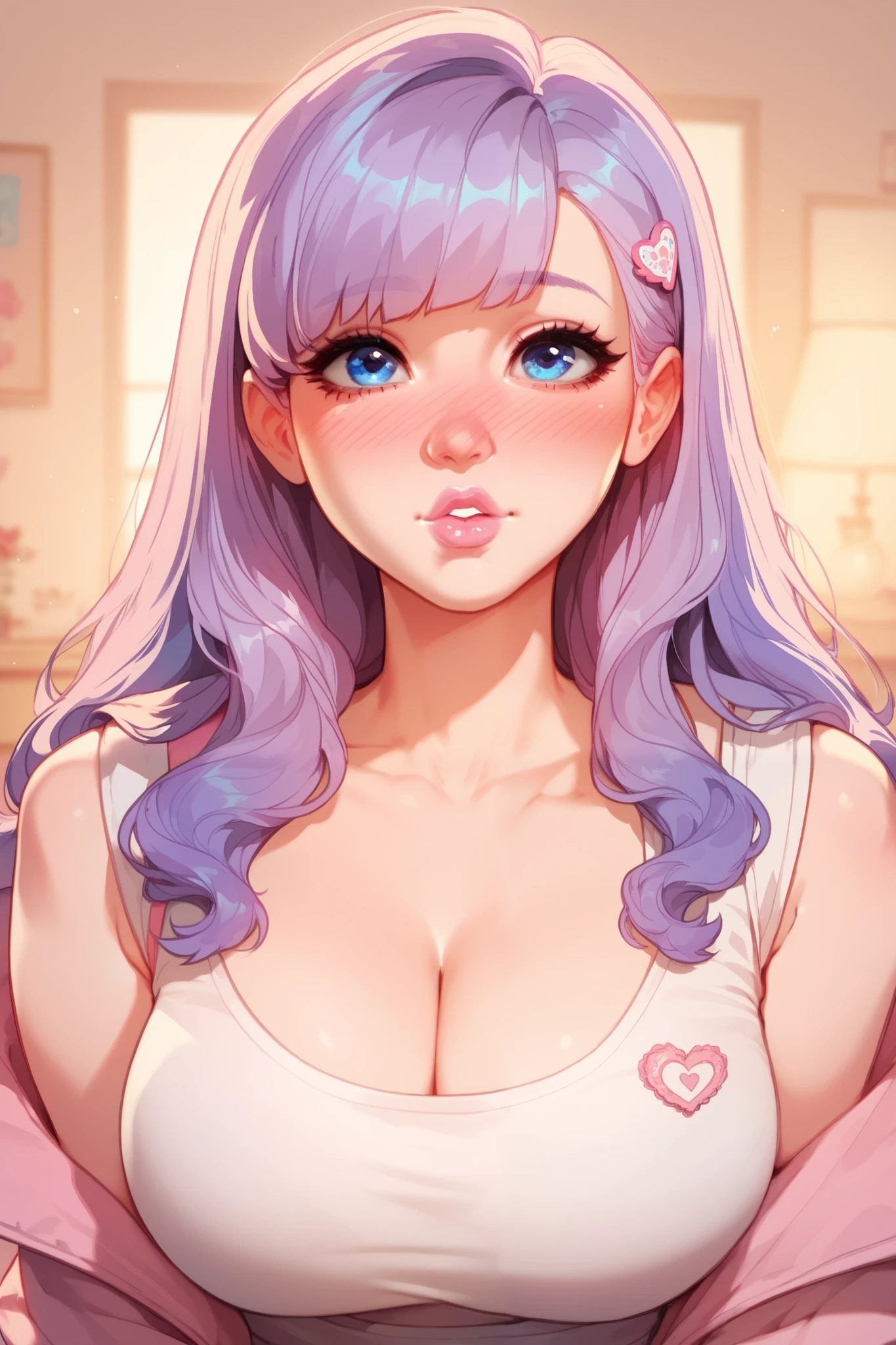 1girl, Solo, Long Hair, Bangs, pastel purple hair color, blue eyes, Large breasts, Nose Blush, pink lips, trans girl, cute clotches, cute make up