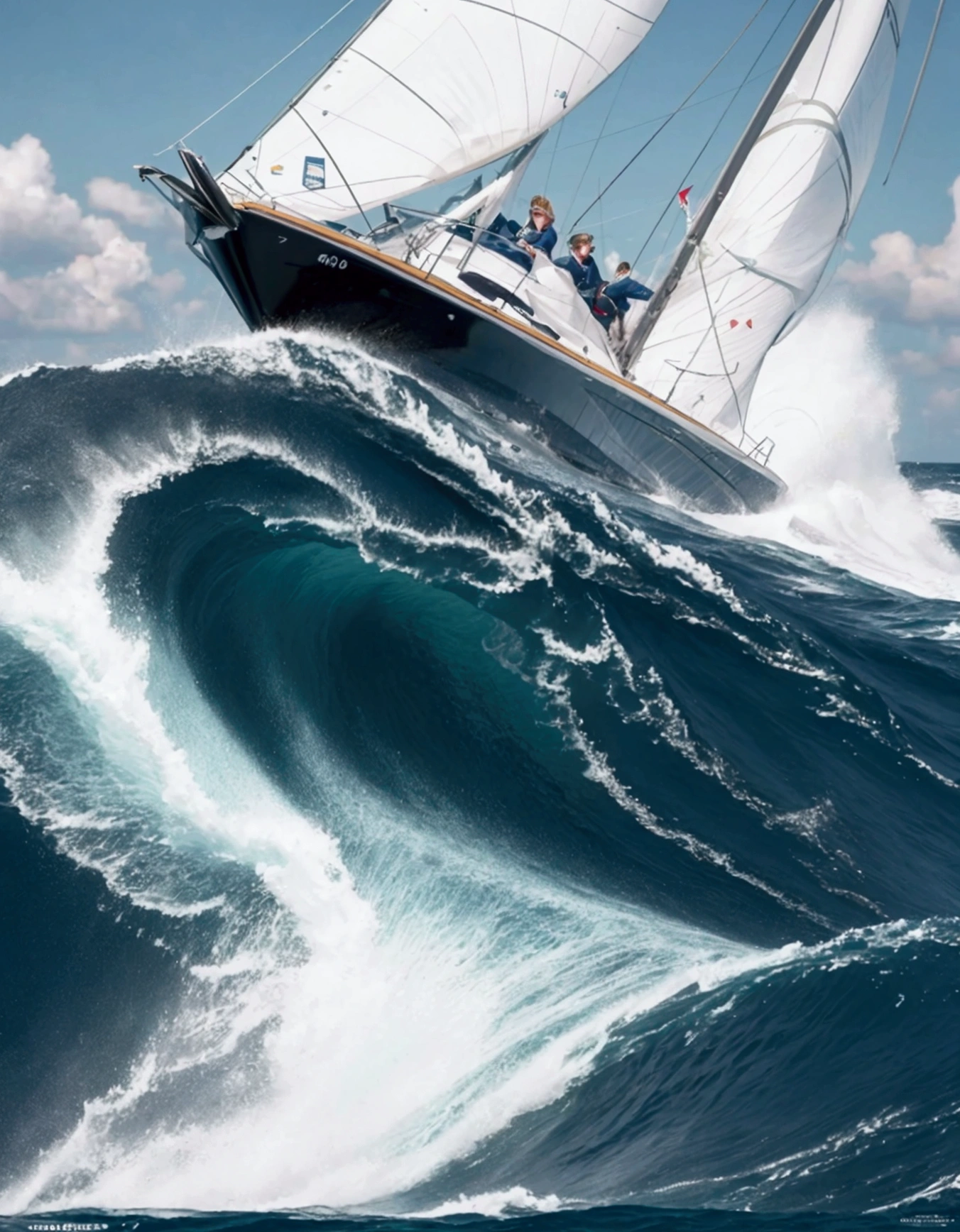 The front page of Yachting Monthly magazine, showing a sailor on his sailboat in big waves during a fastnet race
