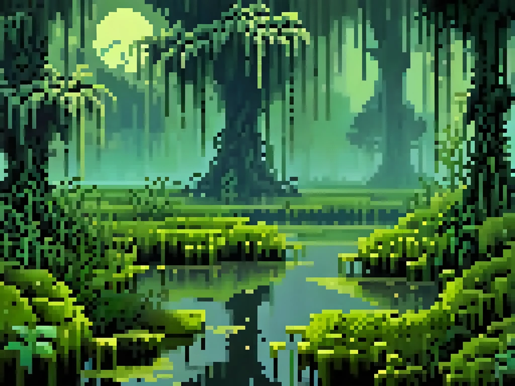 Create a detailed background image in SNES-style pixel art to represent the toxic swamps map. The scene should match the previously described swamp icon, featuring a murky, foreboding environment. Depict stagnant pools of greenish water with ripples and bubbles, surrounded by gnarled, twisted trees with bare or sickly branches. Add patches of dense, dark reeds and creeping vines, giving the landscape an overgrown and suffocating appearance. Include details like rising yellowish or greenish mist, faint glowing lights (like will-o’-the-wisps), and skeletal remains partially submerged in the swamp water. The ground should appear muddy, cracked, and uneven, with scattered patches of moss and decayed vegetation. The overall atmosphere should feel eerie and hazardous, with muted colors like deep greens, browns, and grays dominating the palette, enhanced by subtle highlights of glowing toxicity