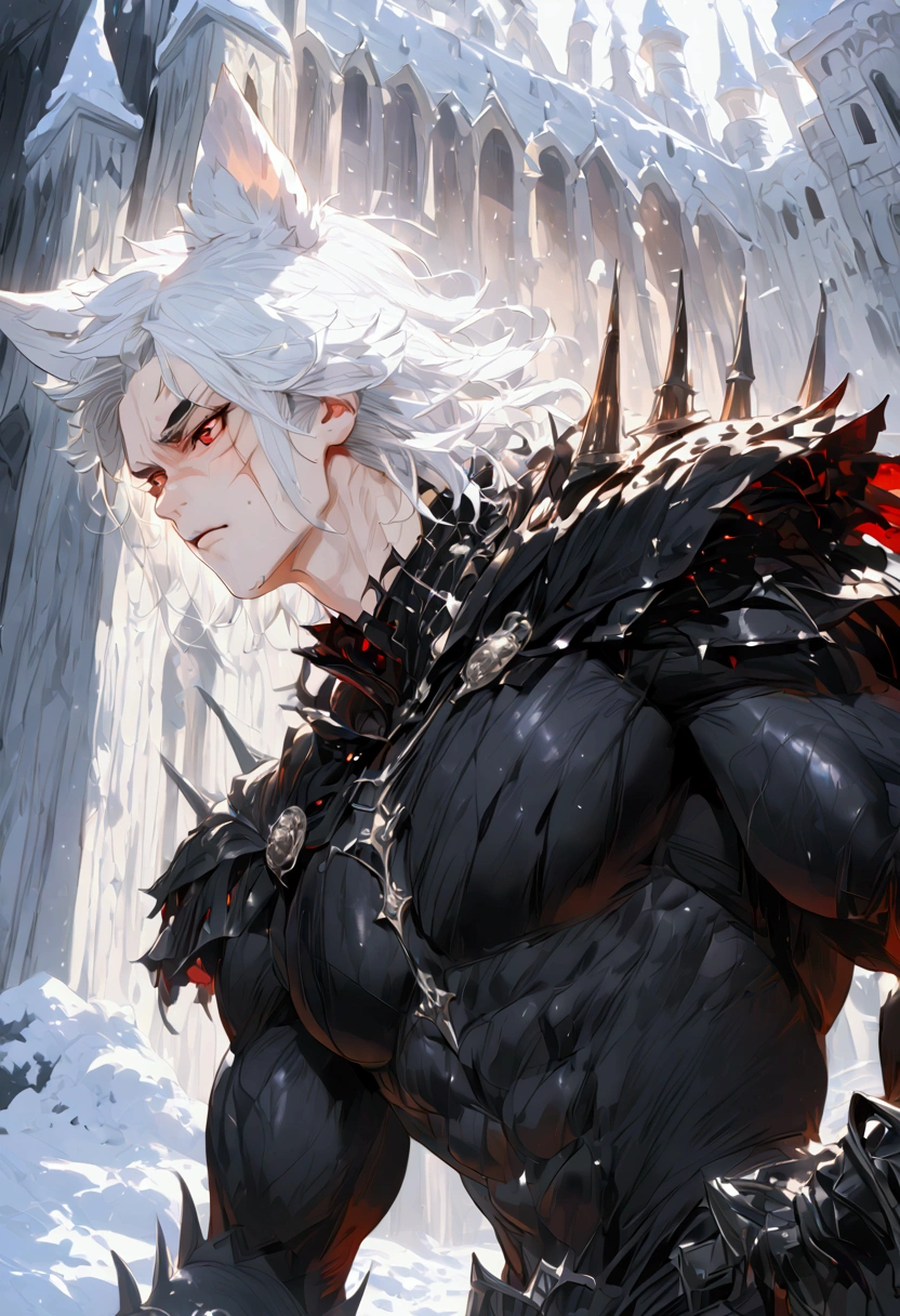 Alone,  High resolution ,  best quality ,  short hair,  black hair,  white hair,  Animal ears , wolf ears, red eyes,  A furrowed head, exposed canine/Exposed prey, irritated,  cheek scar , Lycan , muscular,  details with light medieval black armor  ,with silver details ,  against the background of a snow-covered white castle.