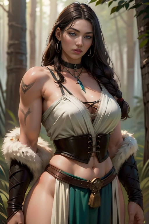 Young orc woman, big fangs, female orc, (green skin) , peaceful expression, dirty clothes and hair, wool and fur clothes, (wearing dirty linen dress), bone jewelry, forest background, natural lighting, tribal tattoos, big body, highly detailed, 4k, photorealistic, dramatic lighting, cinematic, fantasy art, ultra high quality, sharp Focus, orczor