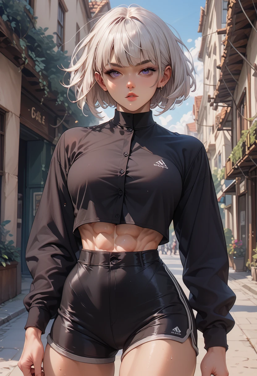 woman,  White hair, short hair style with bangs ,  definite athletic physique,  wearing black button-down long sleeve shirt, wearing tight black linen shorts ,  anime art 