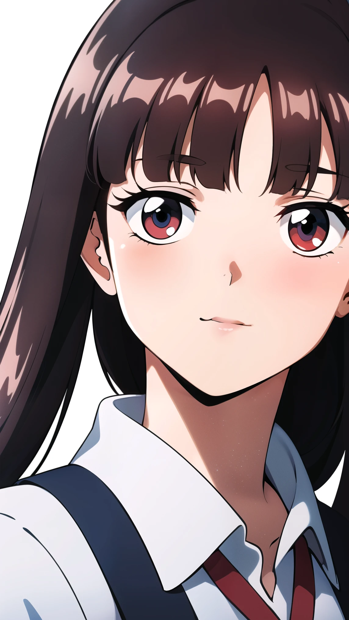 full body, school uniform, red tie, white shirt, blue sweater vest, pleated skirt, hair clip, hair ornament, red eyes:1.5, bangs, black hair, long hair,1 girl, 18yo, young female, beautiful finger, Beautiful long legs, Beautiful body, Beautiful Nose, Beautiful character design, perfect eyes, perfect face, expressive eyes, perfect balance, looking at viewer,(Focus on her face),closed mouth, (innocent big eyes:1.0),(Light Smile:0.3),official art, extremely detailed CG unity 8k wallpaper, perfect lighting, Colorful, Bright Front face Lighting, White skin,(masterpiece:1.0),(best quality:1.0), ultra high res,4K,ultra-detailed,photography, 8K, HDR, high-res, absurdres:1.2, Kodak portra 400, film grain, blurry background, bokeh:1.2, lens flare, (vibrant color:1.2),professional photograph,(Beautiful, big breasts:1.1), (beautiful face:1.5),(narrow waist),