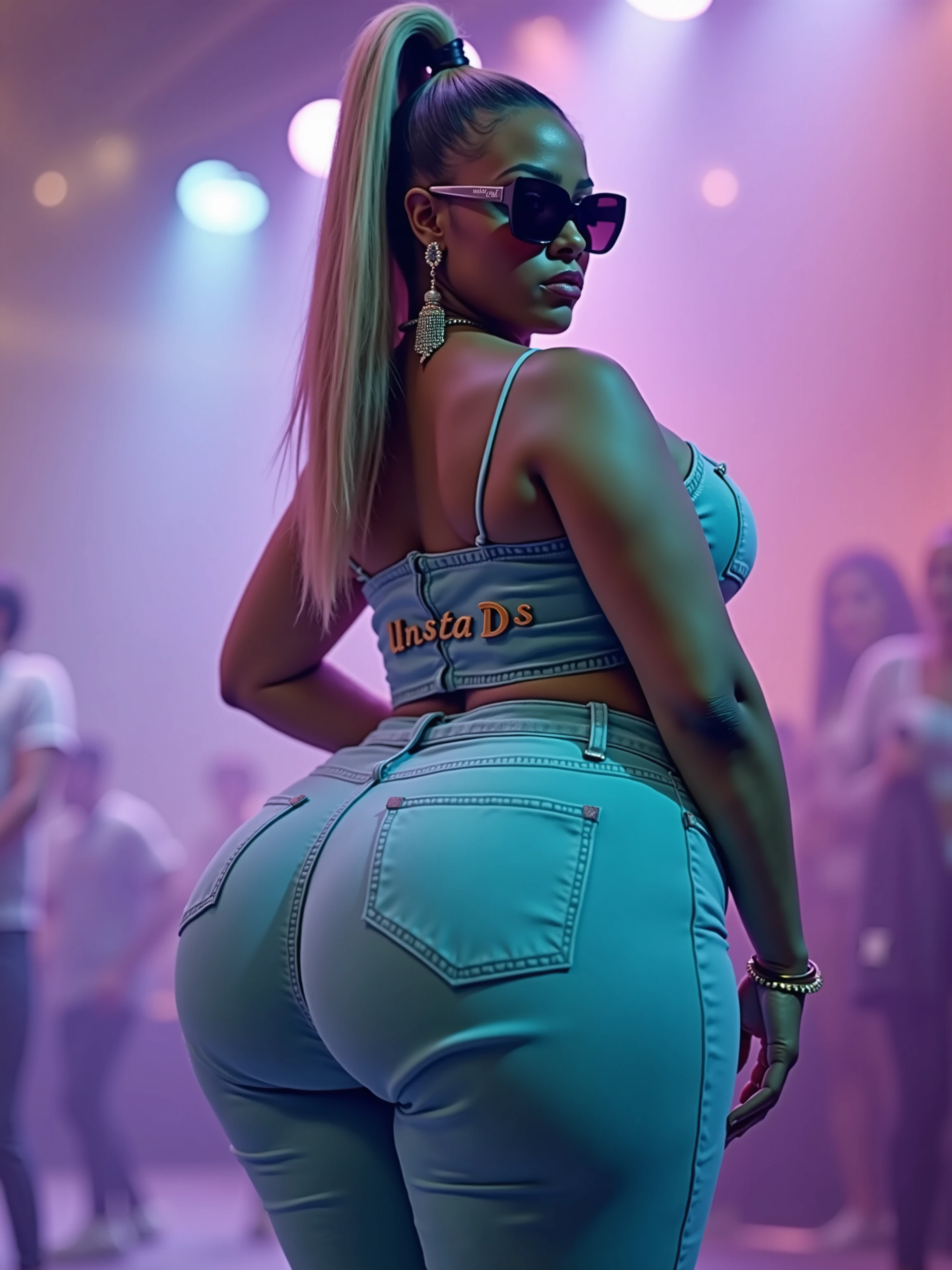 POV: ((huge ass)) Russian model, skinny, slim thick, small waist, 8k, ((curvy and lifted accentuated booty)), smiling at a dance club, at night, ((bulging tits))