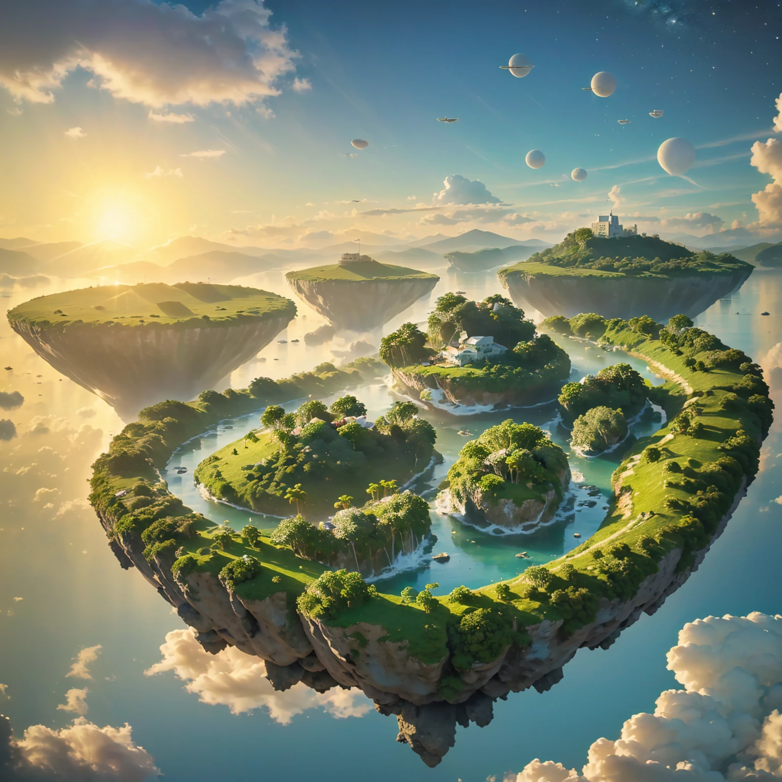 8K quality,(masterpiece:1.3), top quality, detailed images,unmanned,No bio,(There are no buildings,No artificial objects,Natural objects only ),Above the Clouds( Floating Small Island , small islands float , small islands rise ,Small islands fly in the sky , lots of islets floating, waterfall flowing from the small island ,There is a lake on a small island ,There are multiple small islands),( only islets, water, clouds, and space ),(The sun is God 々Shining brightly, the stars are shining ,Sunset gradation,Night Gradation,Golden Gradation ).