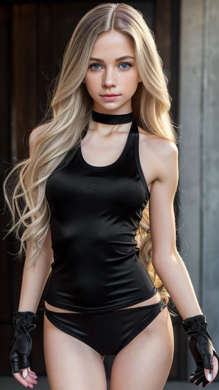 A long wavy blond haired mexican girl, blue eyes, ********, young, pale skin, well built body, small breast, tiny chest, Ultra high res, uhd, (photorealistic:1.4), doll-like face, wearing black sleeveless tight shirt and long baggy pants, black silk gloves, black chocker, fish eye lens, f1/8