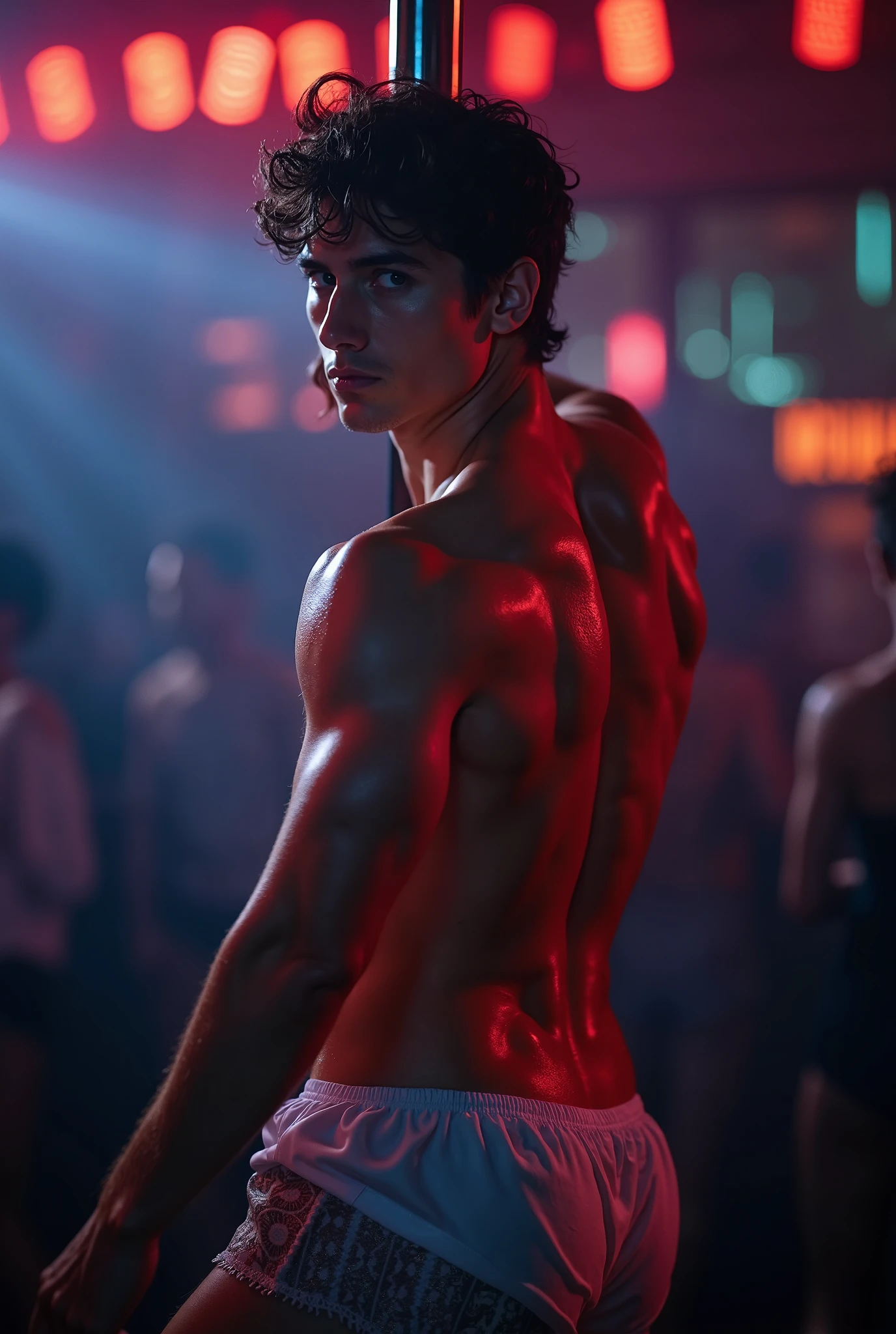 Astonishingly Beautiful Cyberpunk 19 year old skinny  twink boy Justin Bieber, gracefully strip dancing naked facing the camera surrounded by an audience of lusting nudists in a cyberpunk mega structure at midnight. Sleight build. (Provocative risqué Cyberpunk gay pride style.) Salacious arousing pose. Award-winning Avant-garde picture. Very beautiful people in the crowd. Debauchery. Faces in ecstasy 