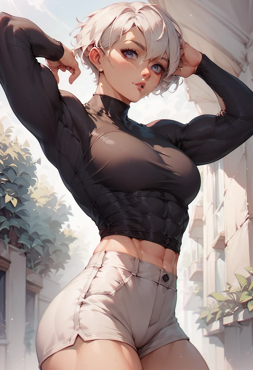 woman,  White hair, short hair style with bangs ,  definite athletic physique,  wearing black button-down long sleeve shirt, wearing tight black linen shorts ,  anime art 