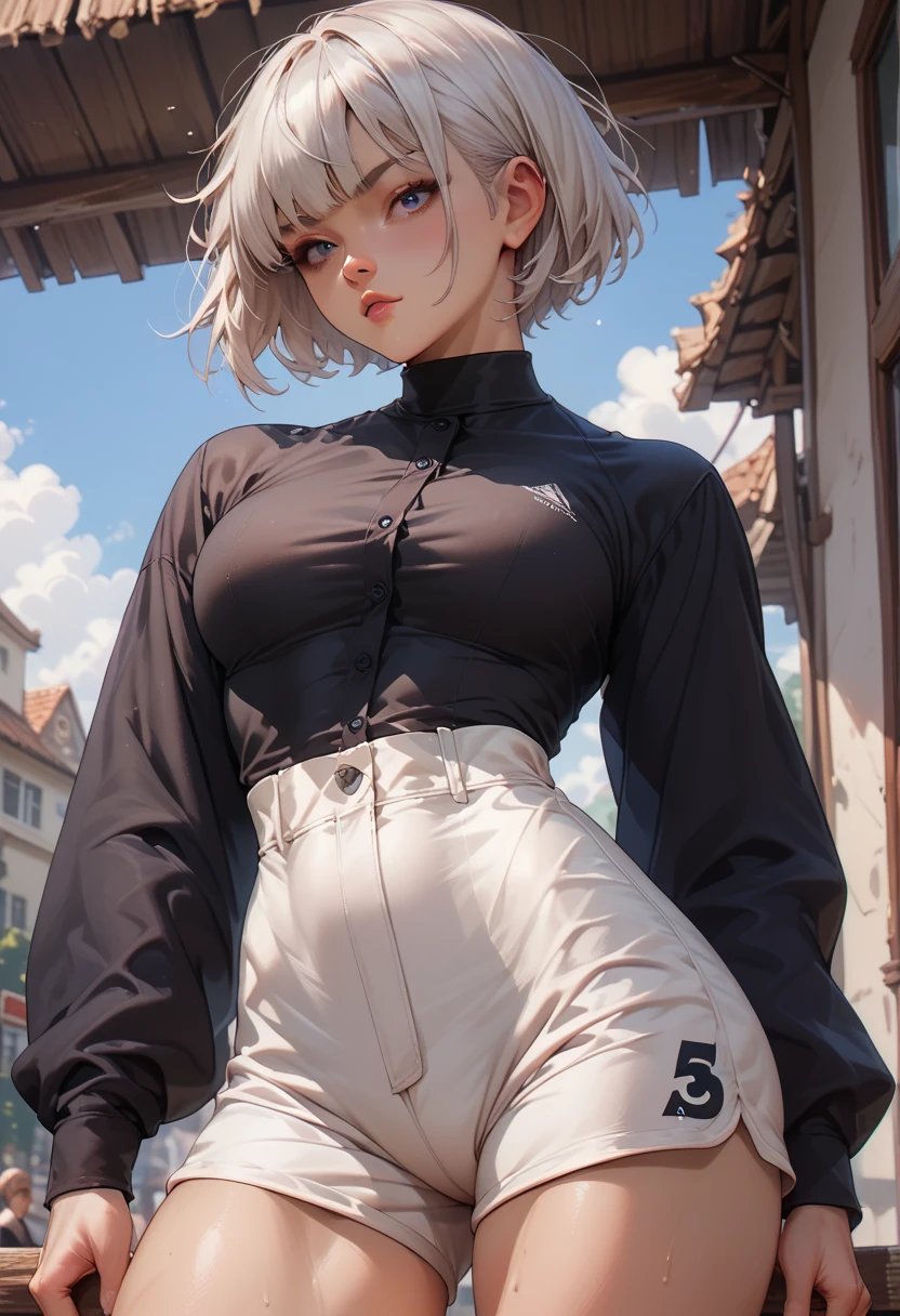 woman,  White hair,  short hair style with bangs ,  definite athletic physique,  wearing black button-down long sleeve shirt, wearing tight black linen shorts ,  anime art 