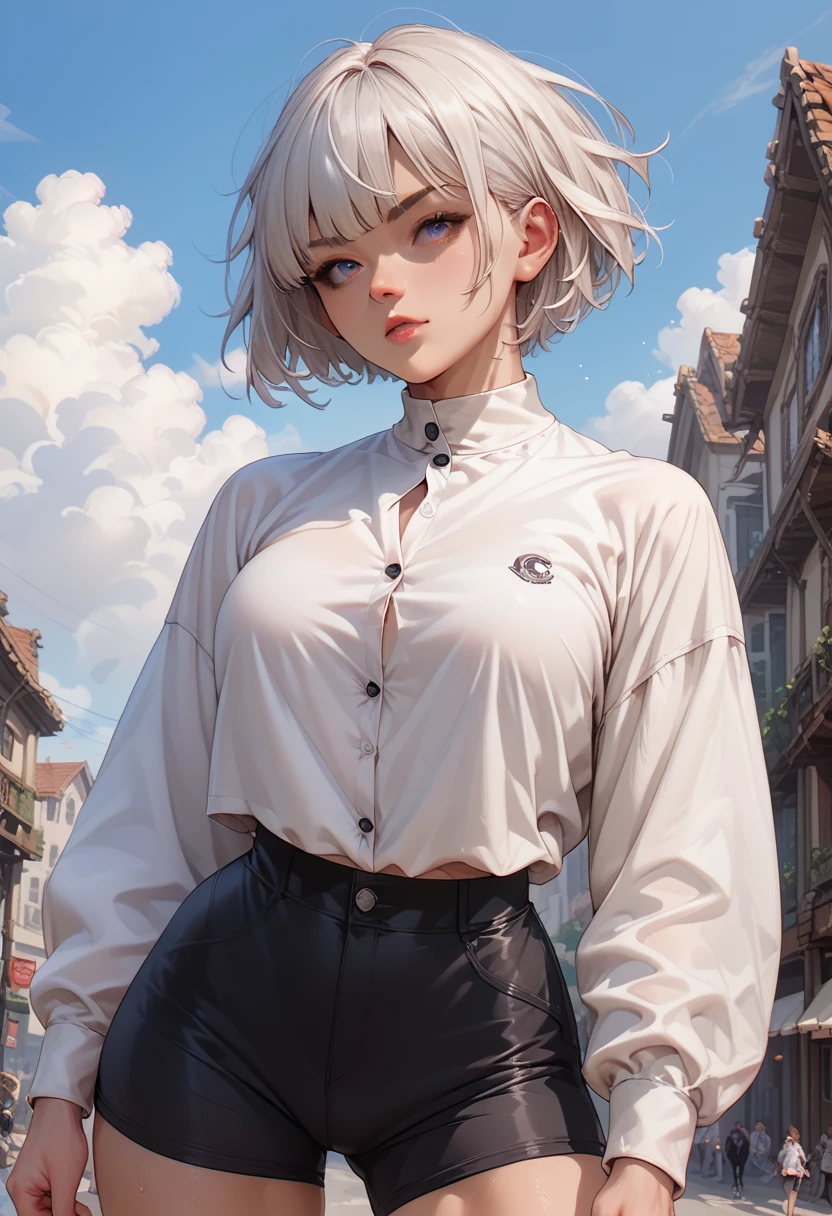 woman,  White hair,  short hair style with bangs ,  definite athletic physique,  wearing black button-down long sleeve shirt, wearing tight black linen shorts ,  anime art 